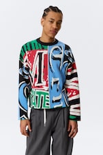 Veelkleurige print - Losse grafische gebreide katoenen trui - 0