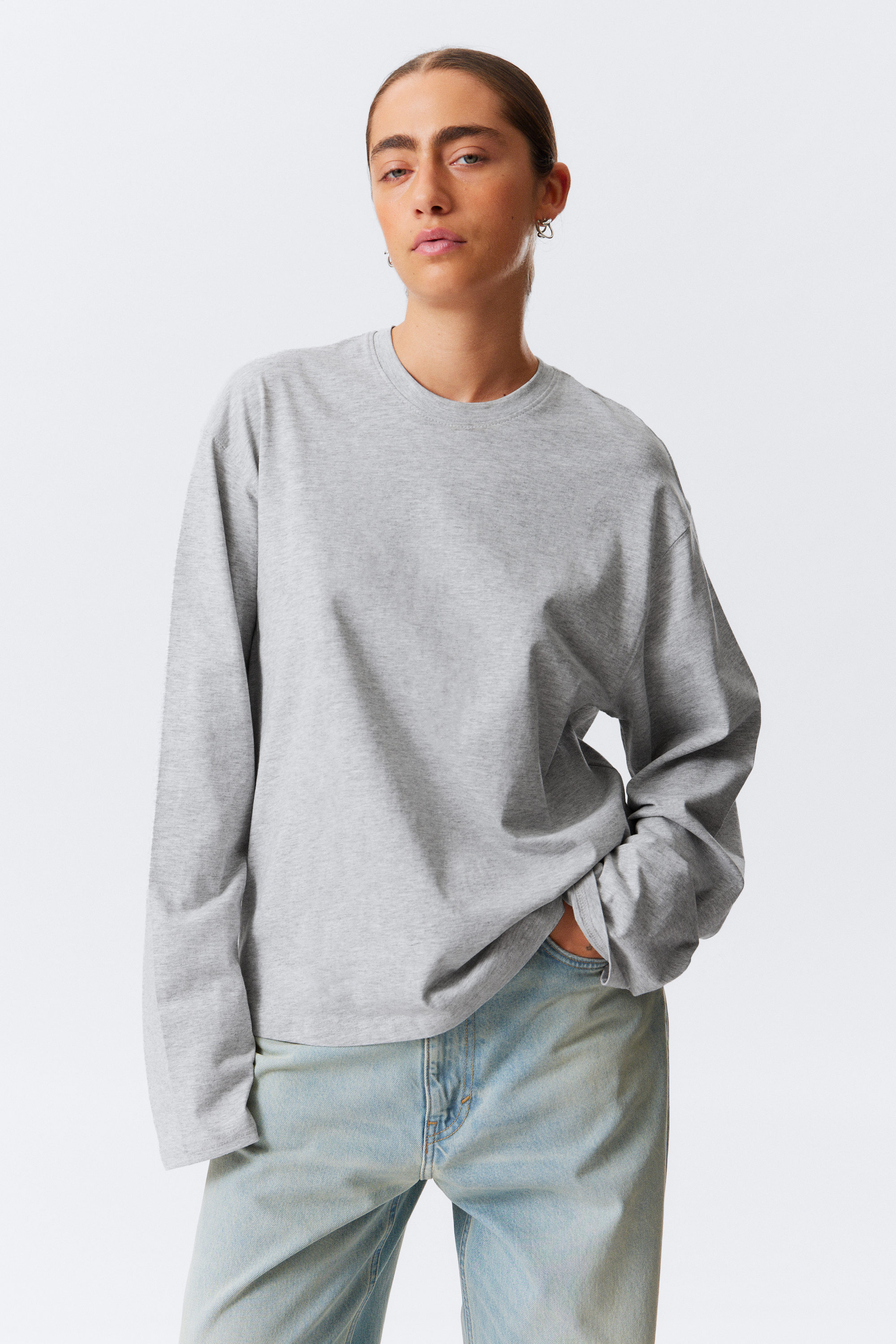Grey Melange - Long-Sleeved Boxy Cotton T-shirt - 1