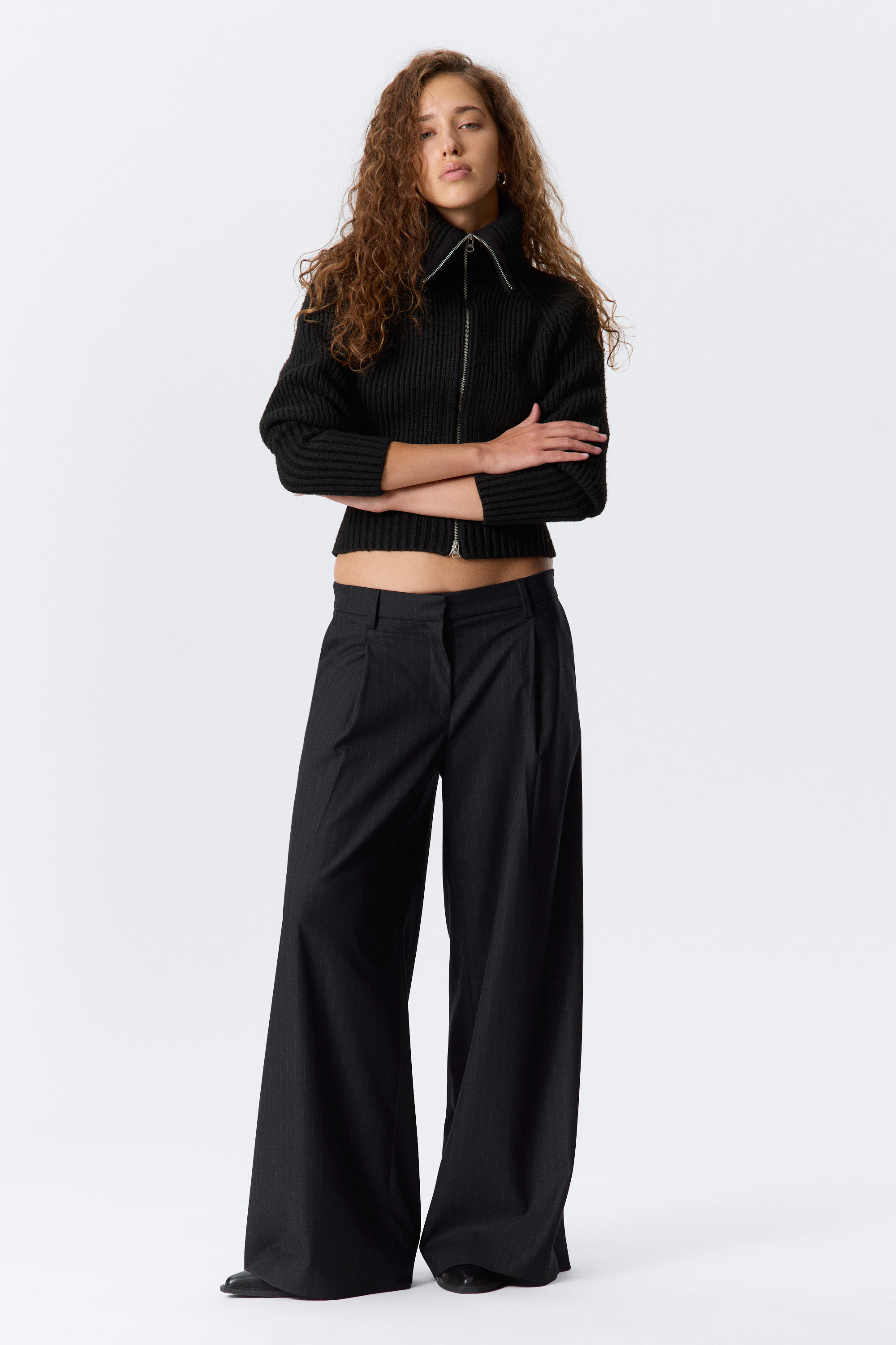 Donkerblauw - Geplooide pantalon met wijde pijpen - 1