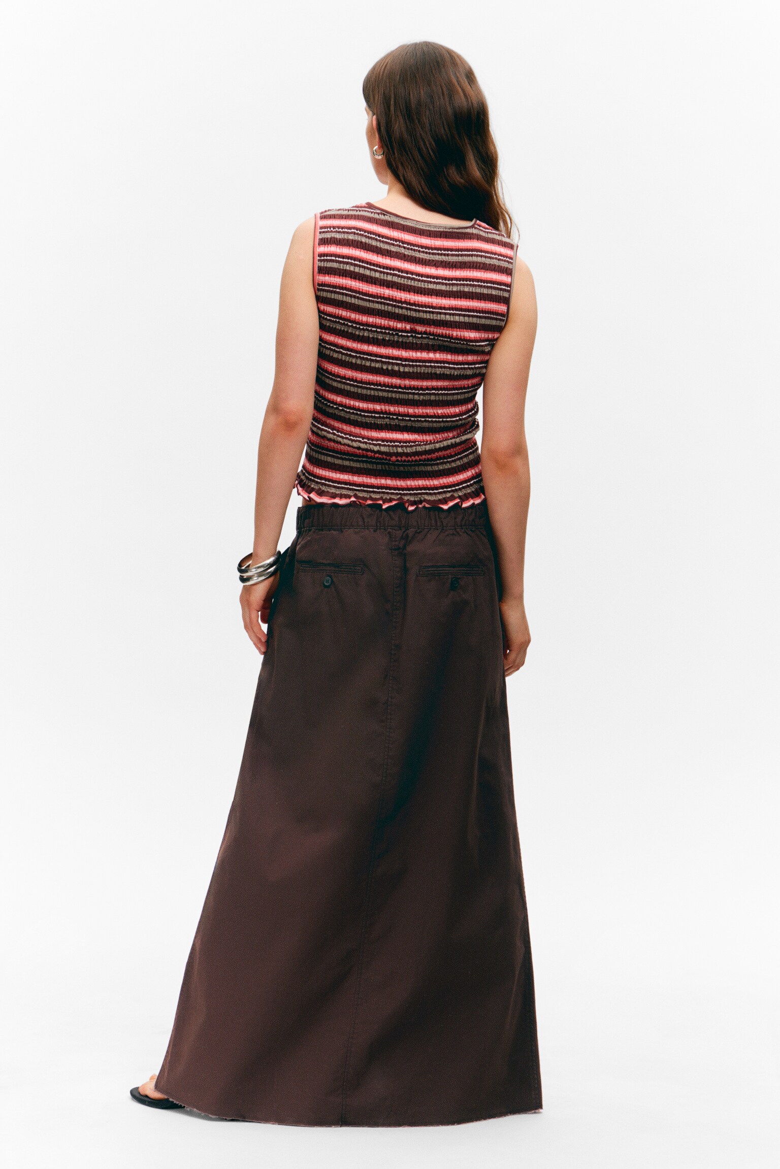 Drawstring Cotton Canvas Maxi Skirt - Dark Brown/White - 3