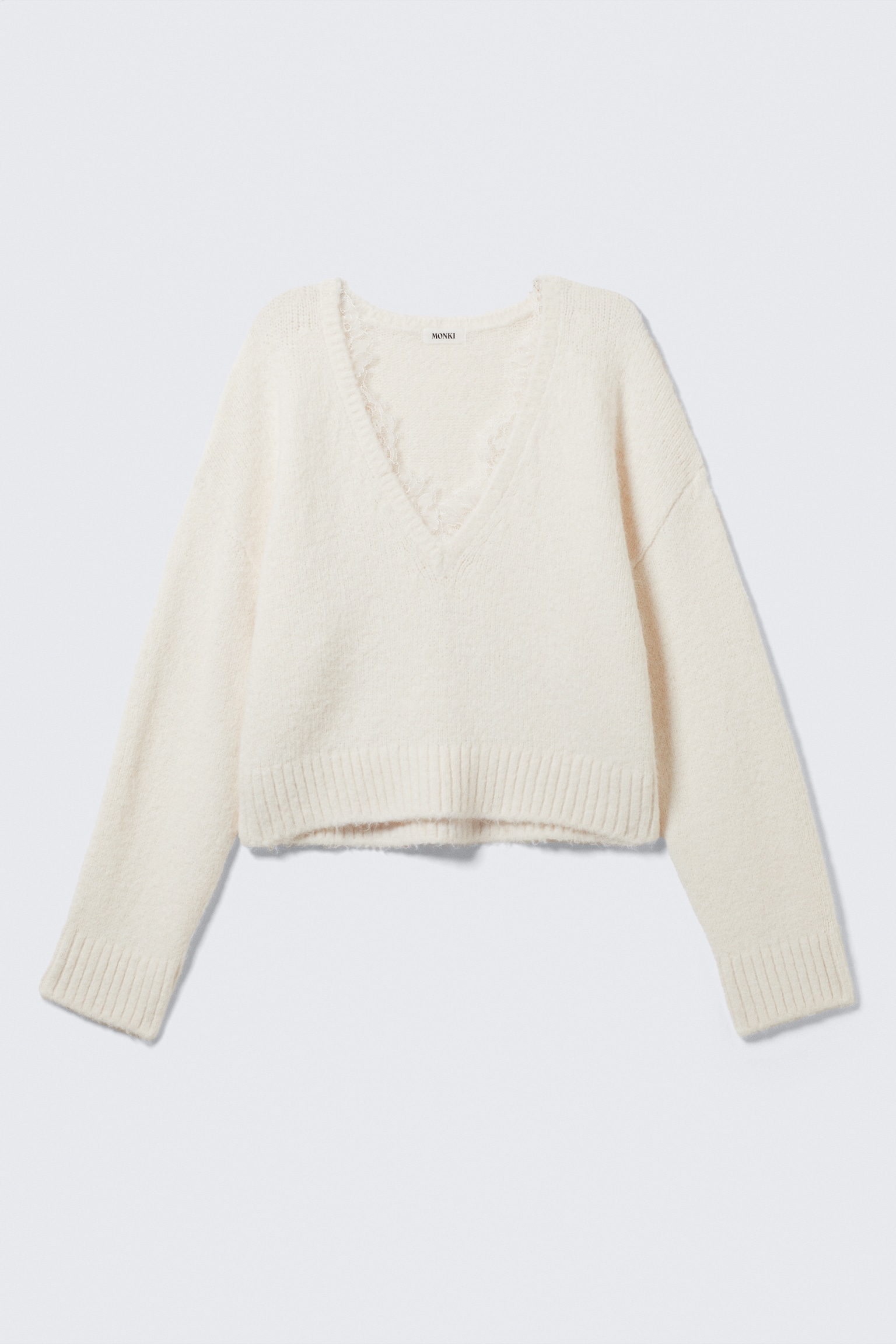 Lace-trimmed V-neck Sweater - White/Black - 2