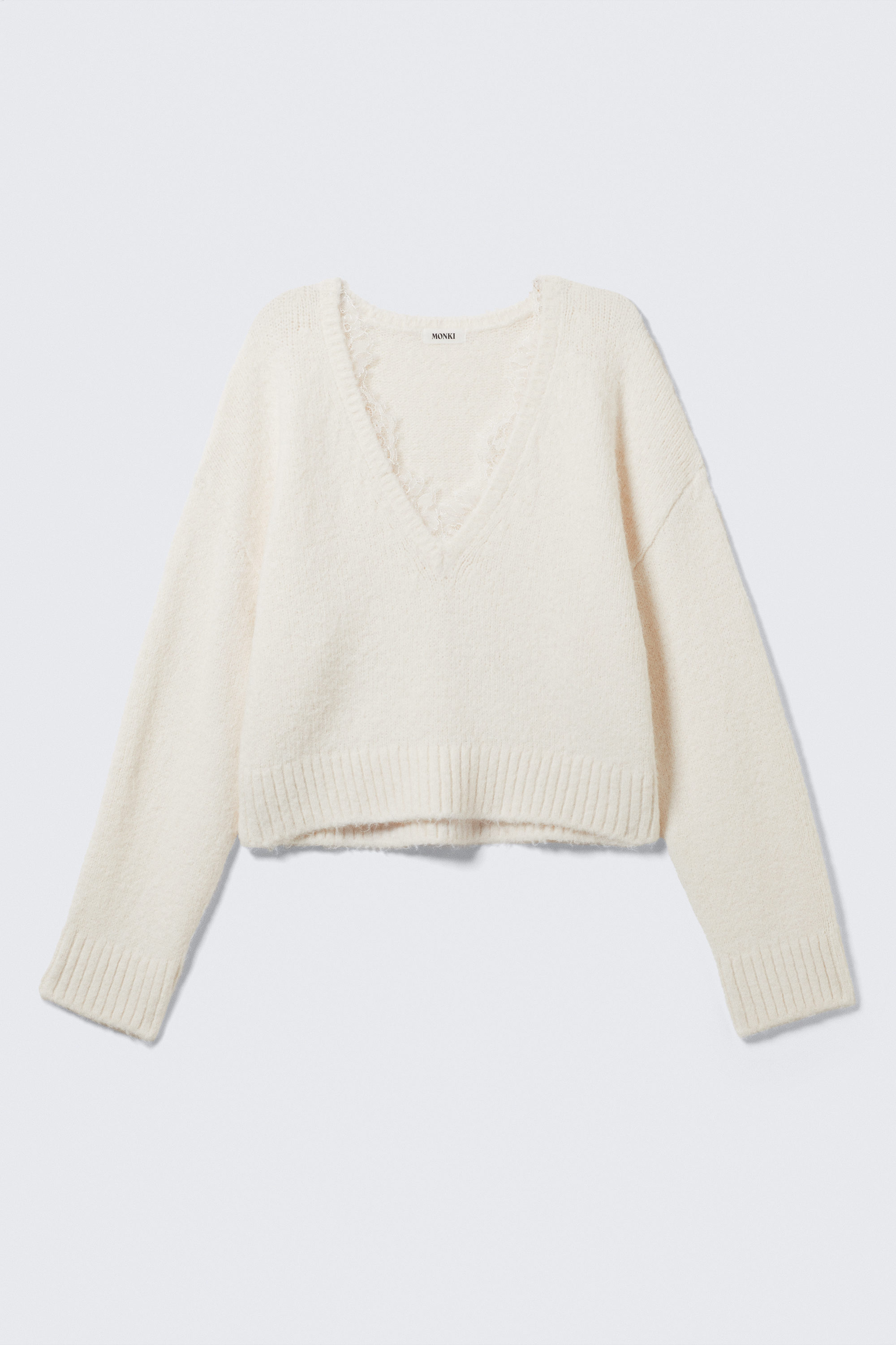 White - Lace-trimmed V-neck Sweater - 4