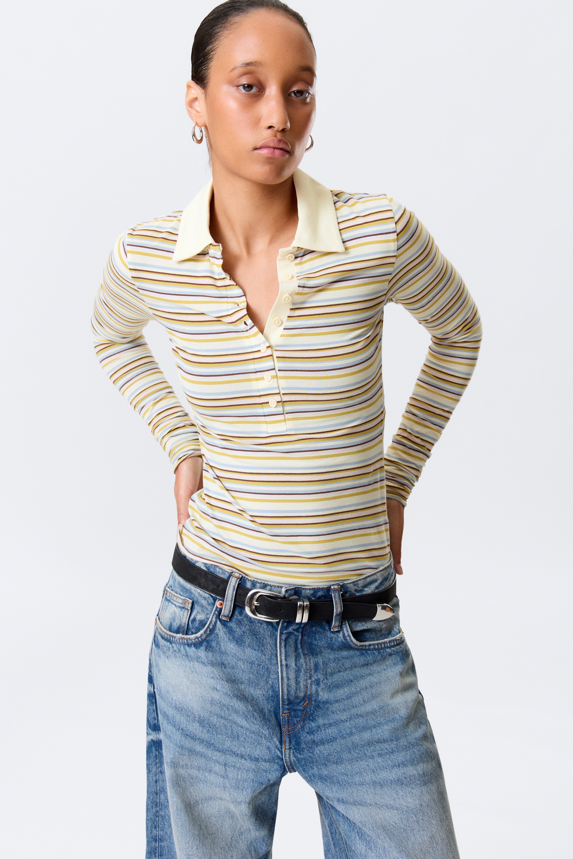 Polo ajustado de manga larga - Yellow Multi Stripe