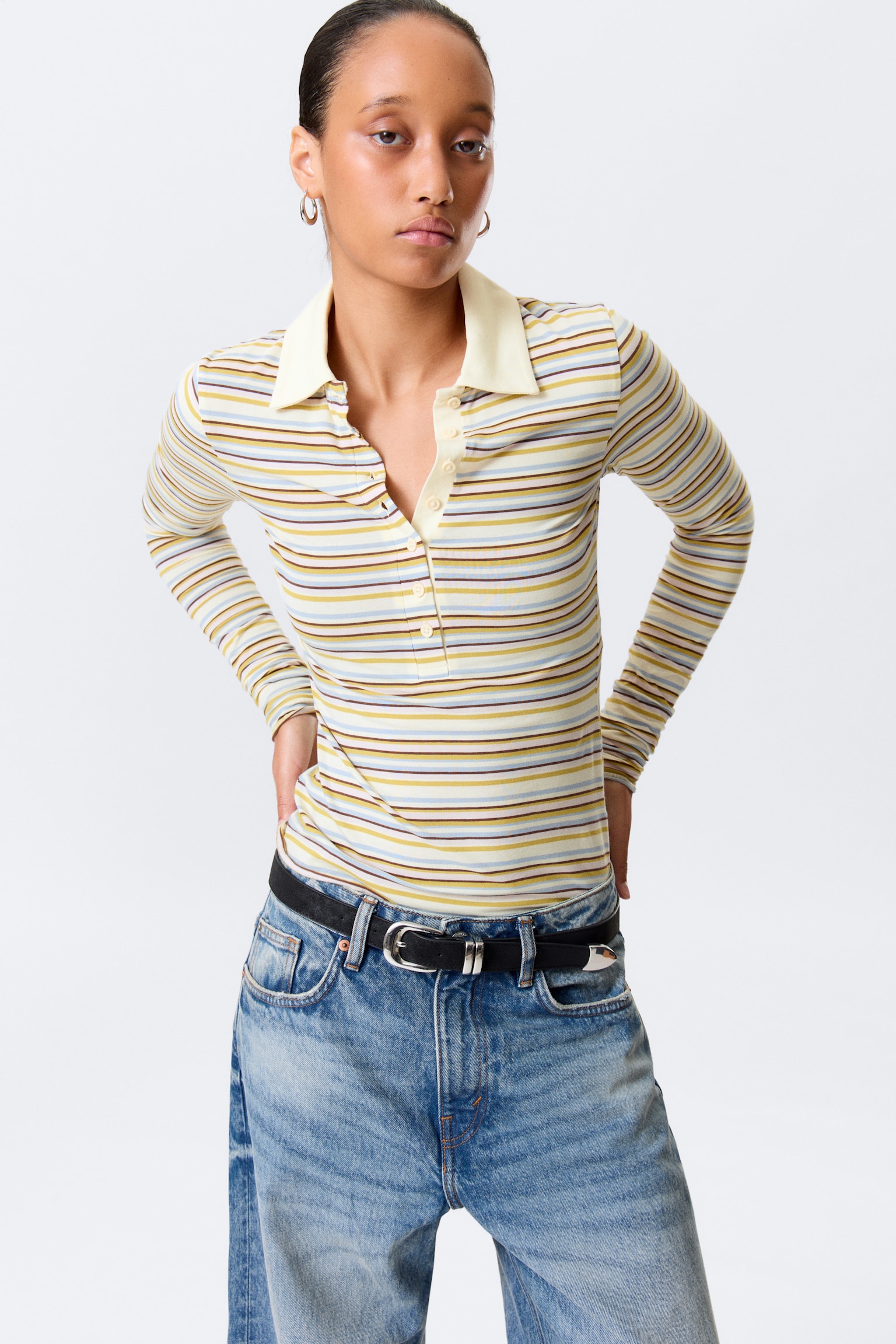 Long-Sleeved Fitted Polo Shirt - Yellow Multi Stripe - 1