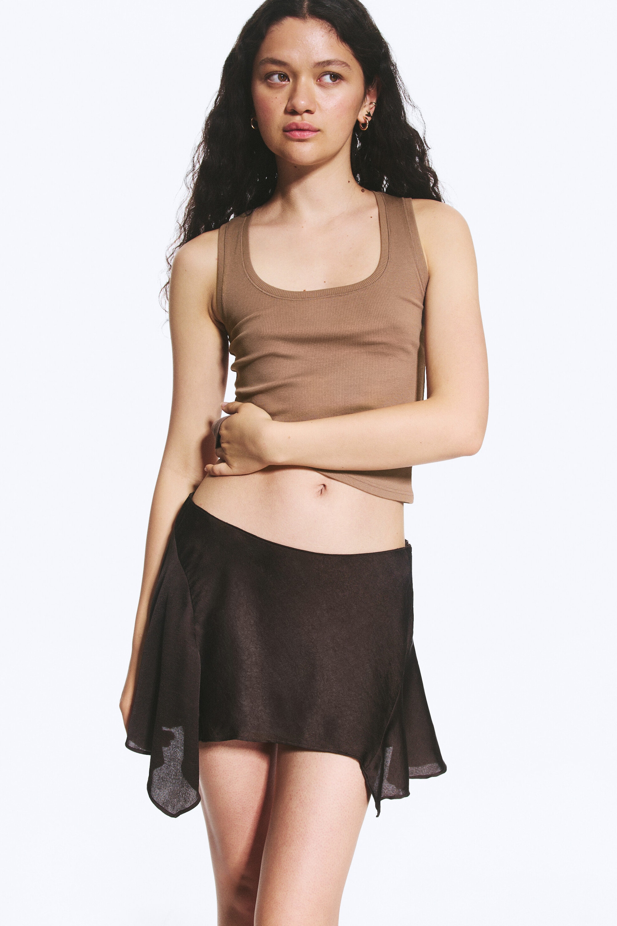 Dark Brown - Asymmetric Mini Skirt - 2