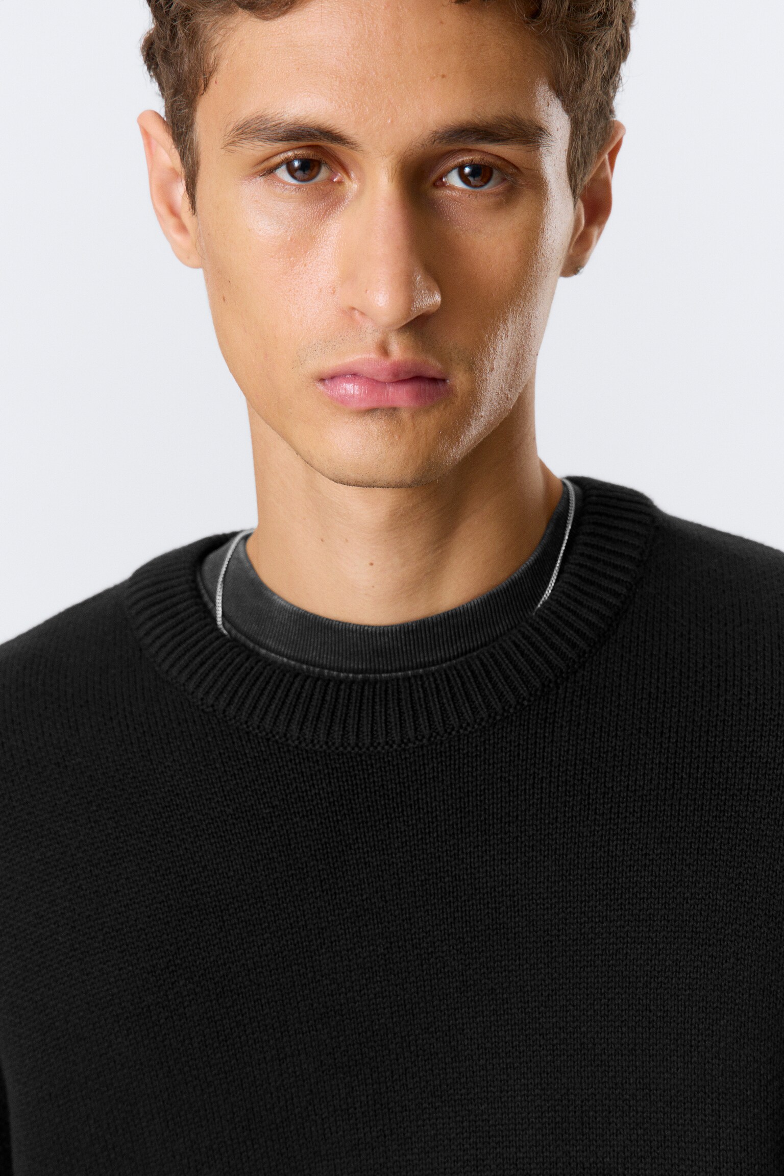 Regular Knitted Cotton Sweater - Black/Dirty White - 4