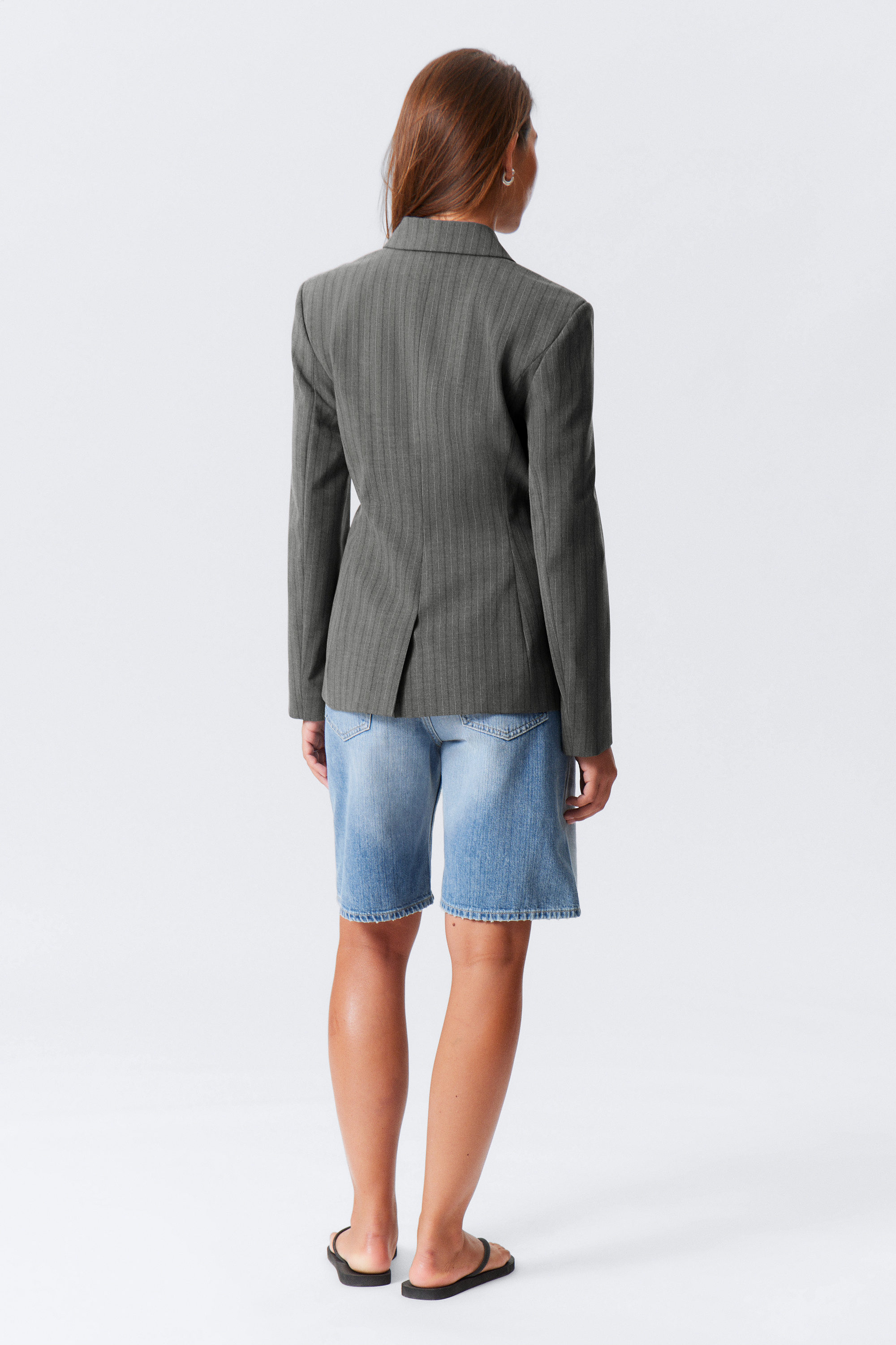 Striped Dark Grey Melange - Double-Breasted Suiting Blazer - 4