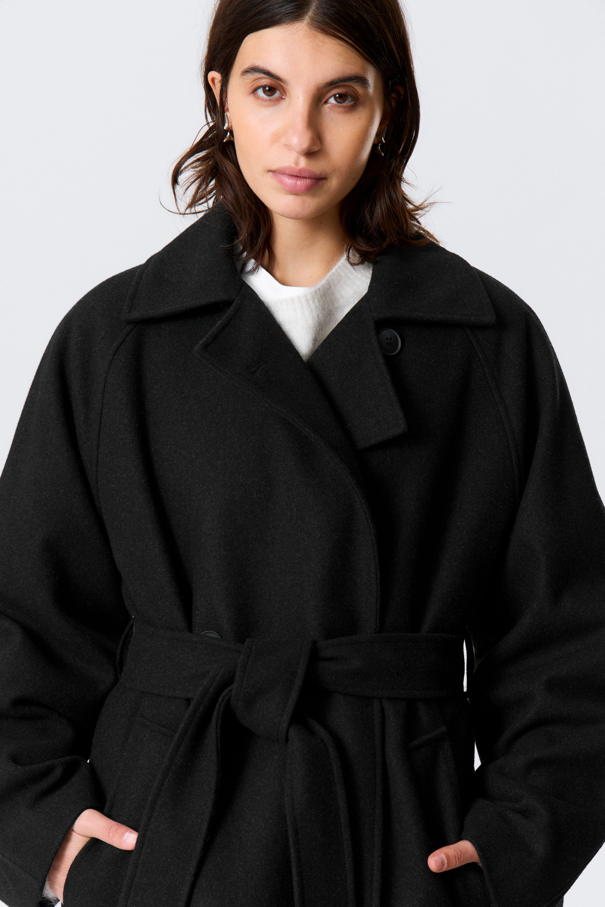 Noir chiné - Manteau oversize croisé en laine mélangée Kia - 4