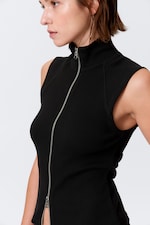 Schwarz - Geripptes Zip-Top mit Stehkragen - 1