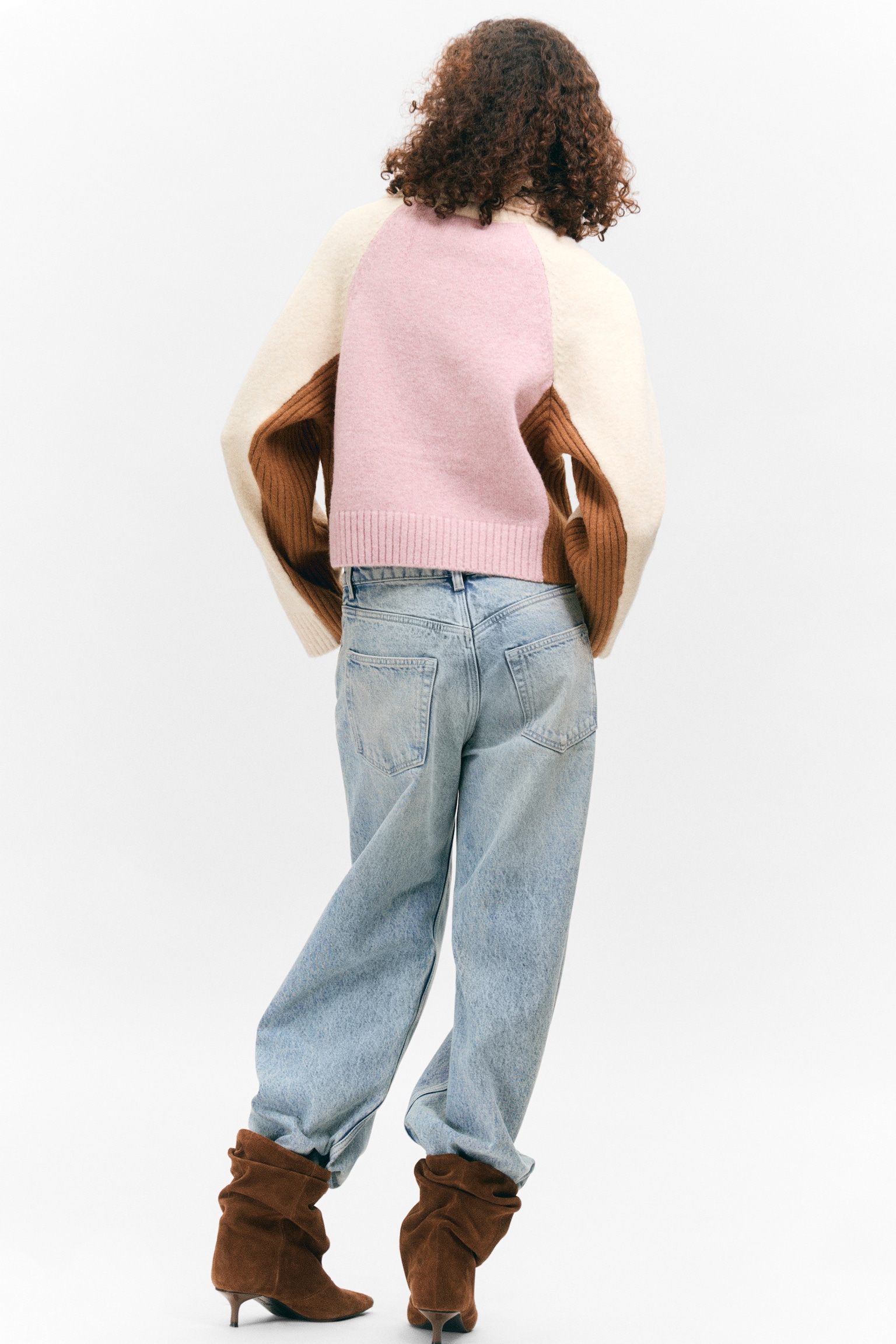 Short Half-Zip Knitted Sweater - Dusty Pink & Cream White/Dusty Light Grey Melange - 3