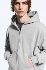 Gris chiné - Sweat à capuche zippé ample - 1