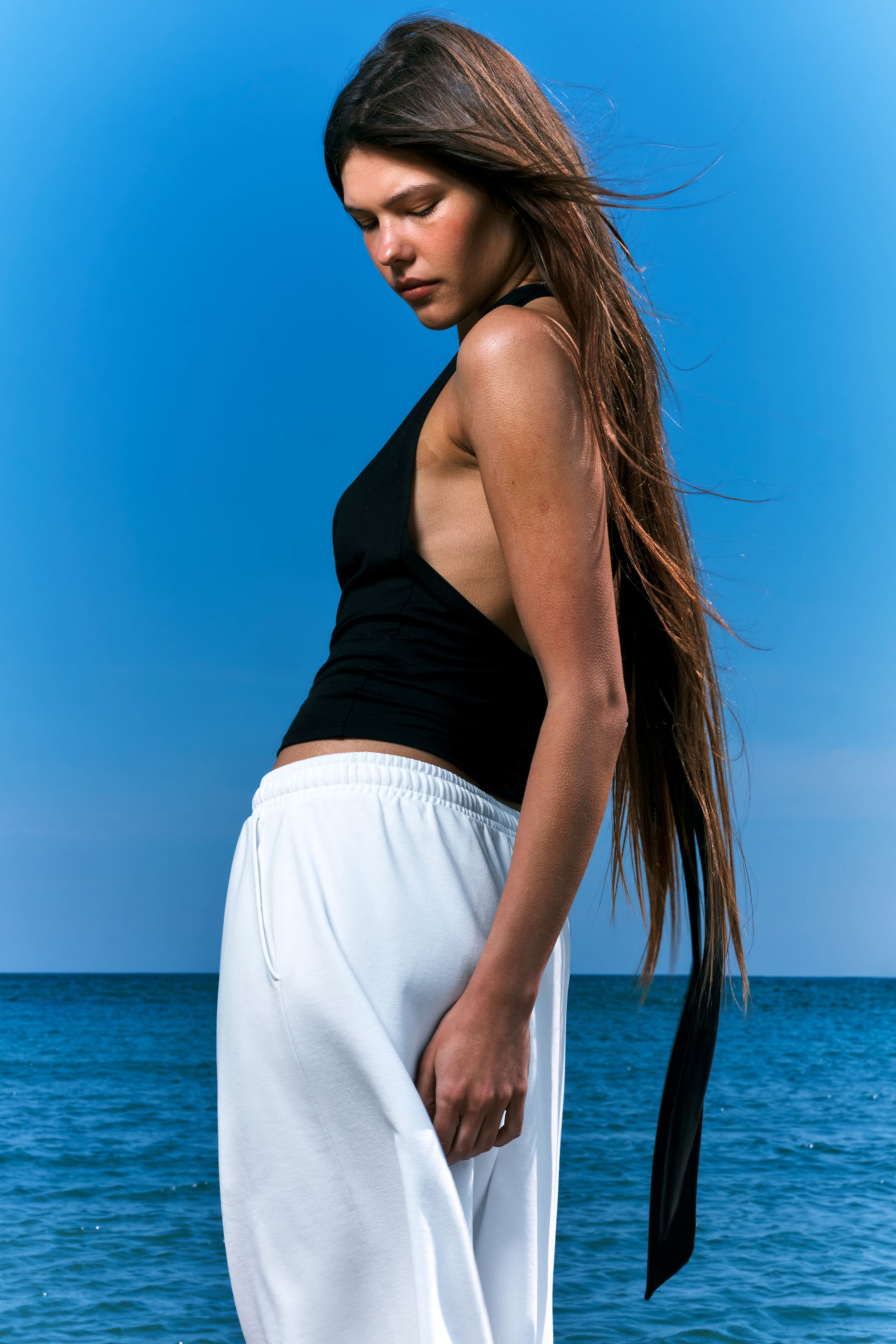 Black - Waterfall Drape Halter Top - 2