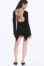 Black - Long-Sleeved Asymmetric Satin Mini Dress - 3