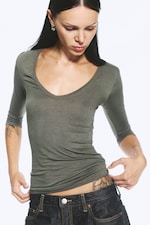 Dusty Khaki Green - Deep V-neck three-quarter sleeve top - 0
