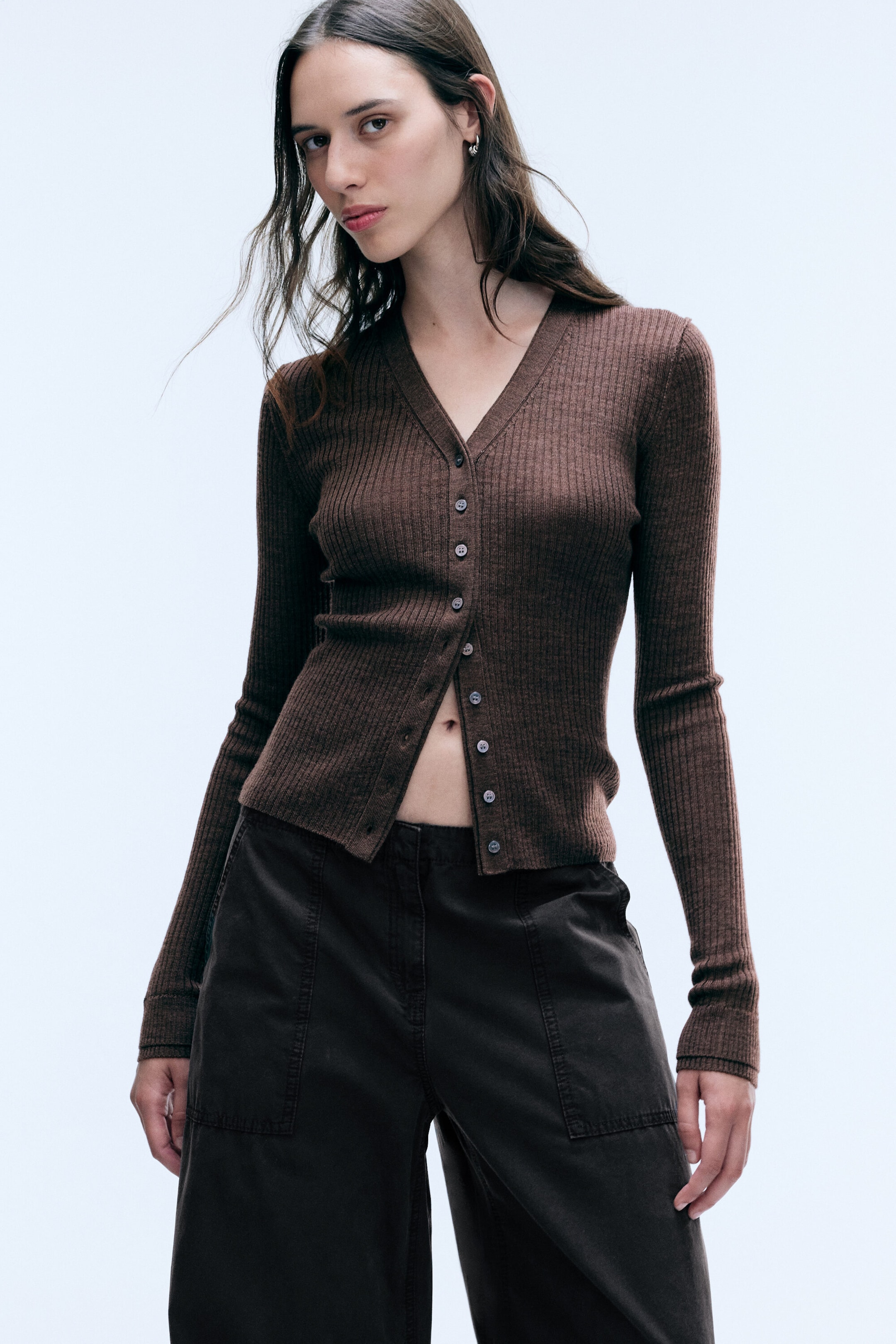 Dark Brown - V-neck merino cardigan - 1
