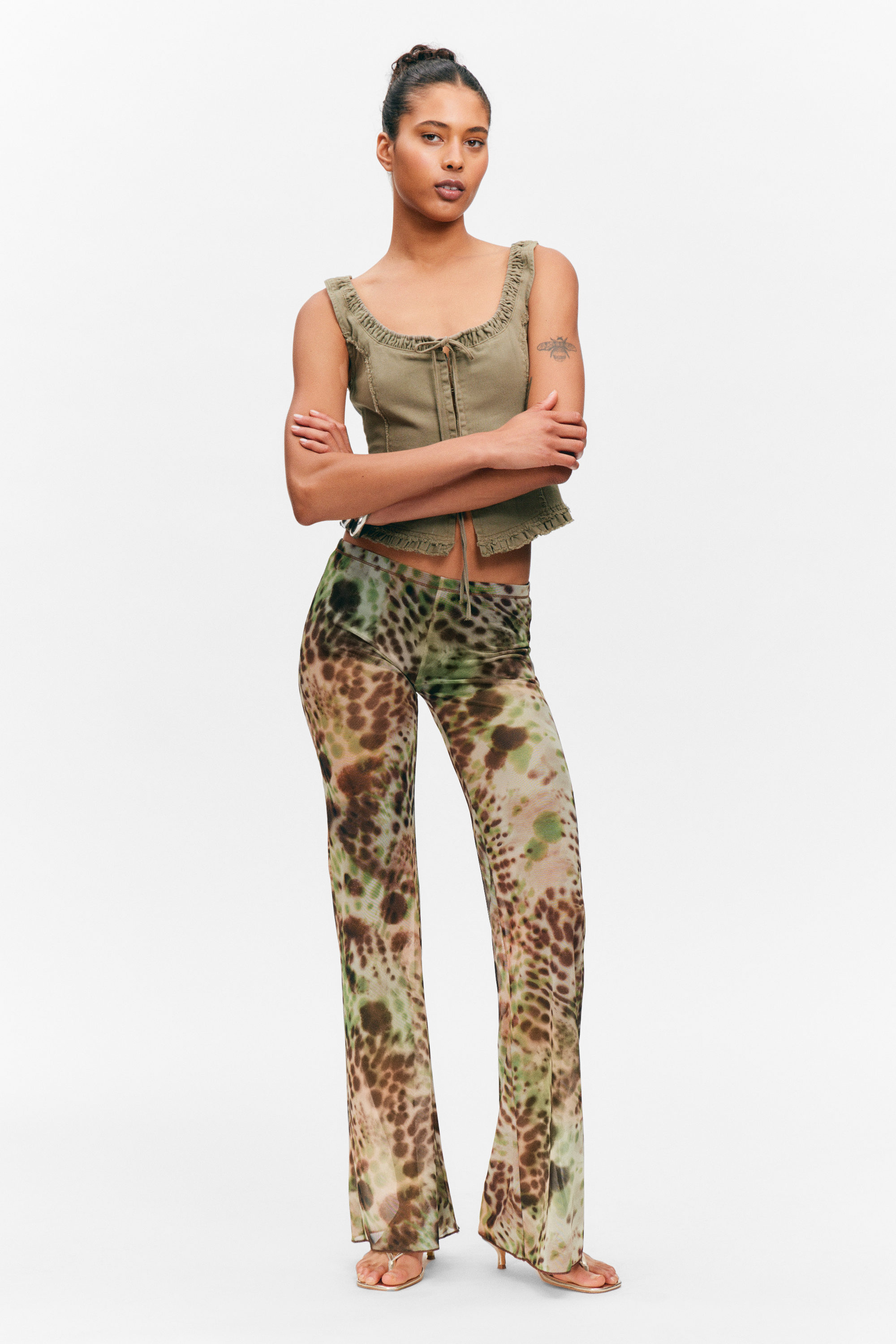 Brown & Green - Floral Dots - Flared Printed Mesh Trousers - 1