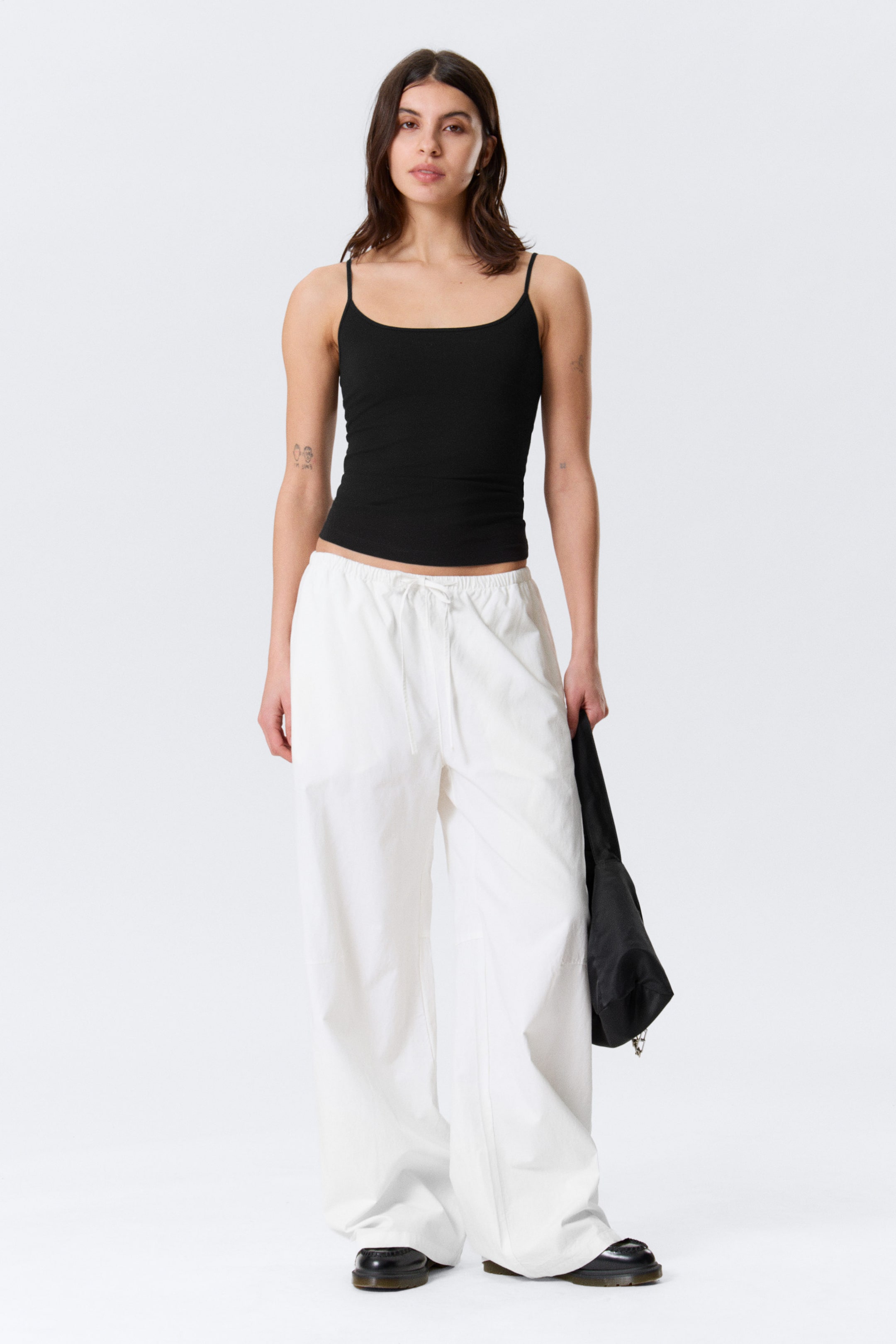 White - Loose Fit Low Waist Washed Trousers - 1