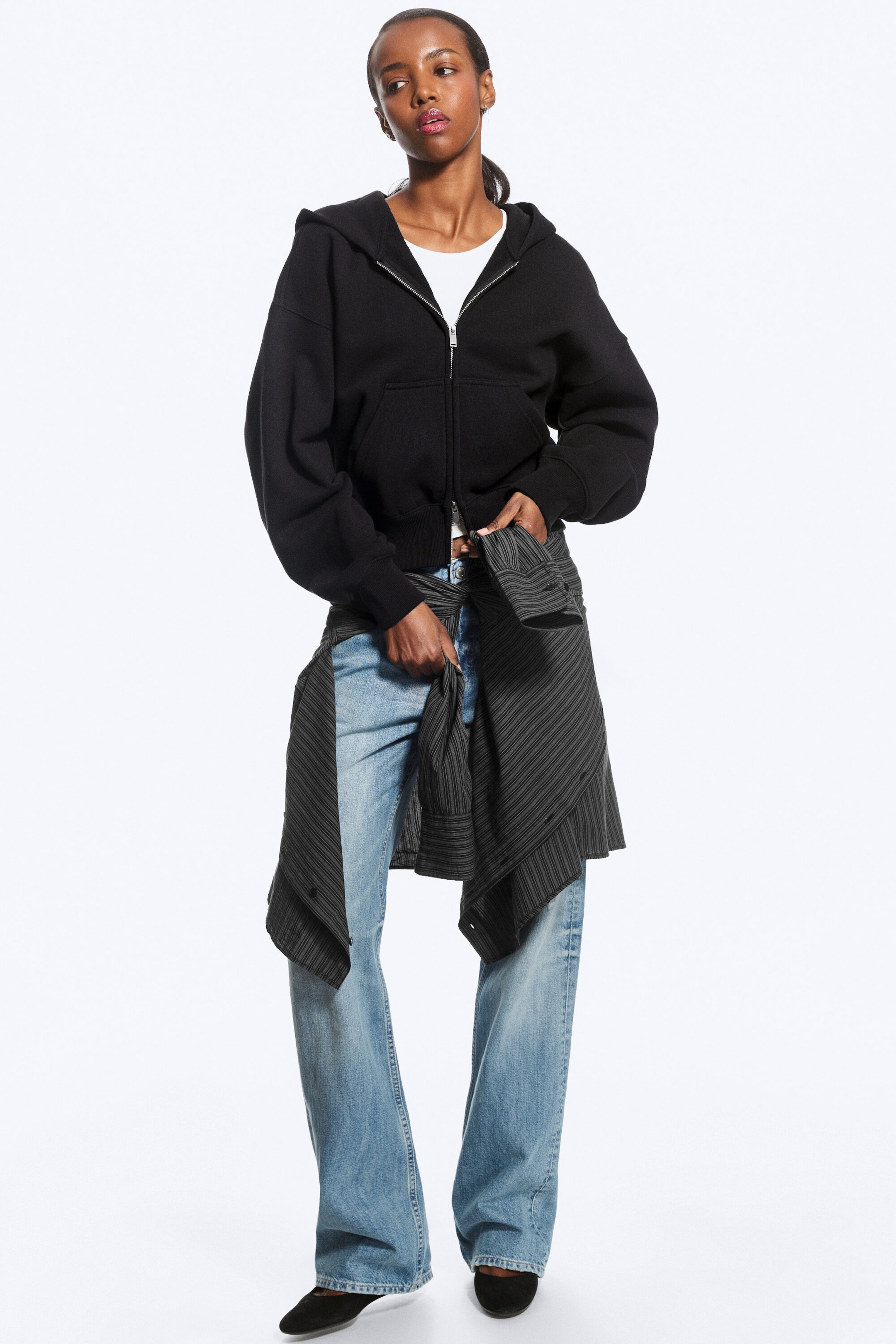Black - Cropped Boxy Zip Hoodie - 5