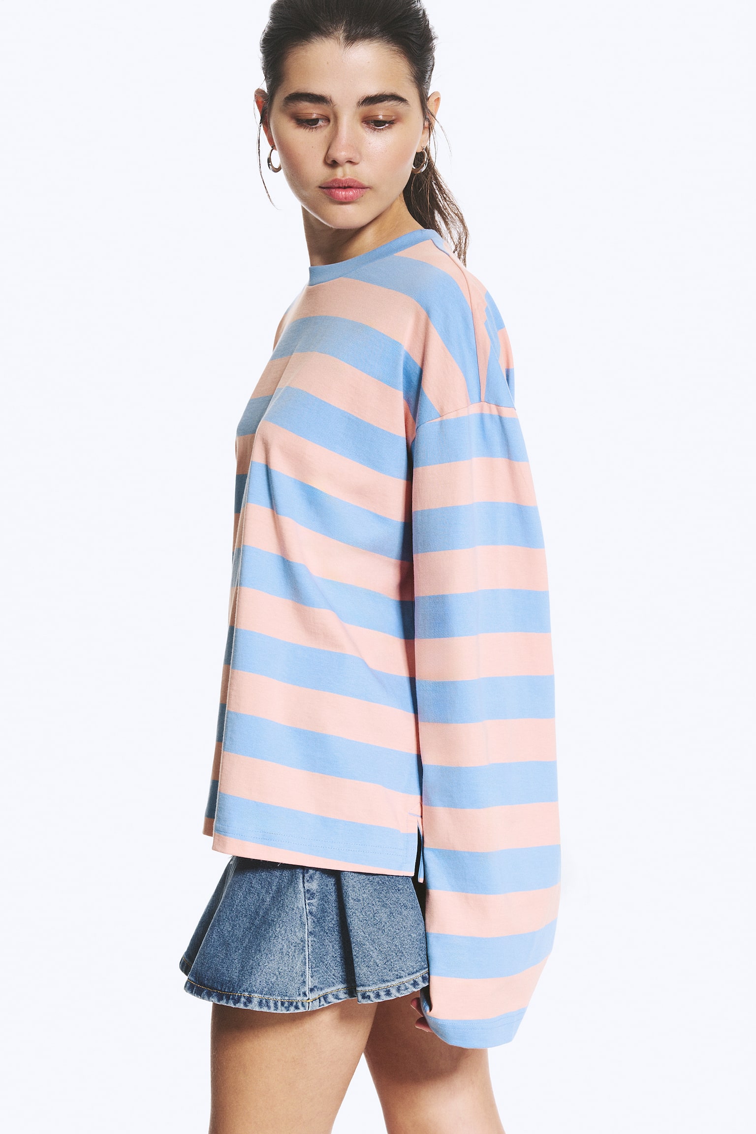 Tricou din bumbac cu mâneci lungi-În dungi roz/albastru - 1