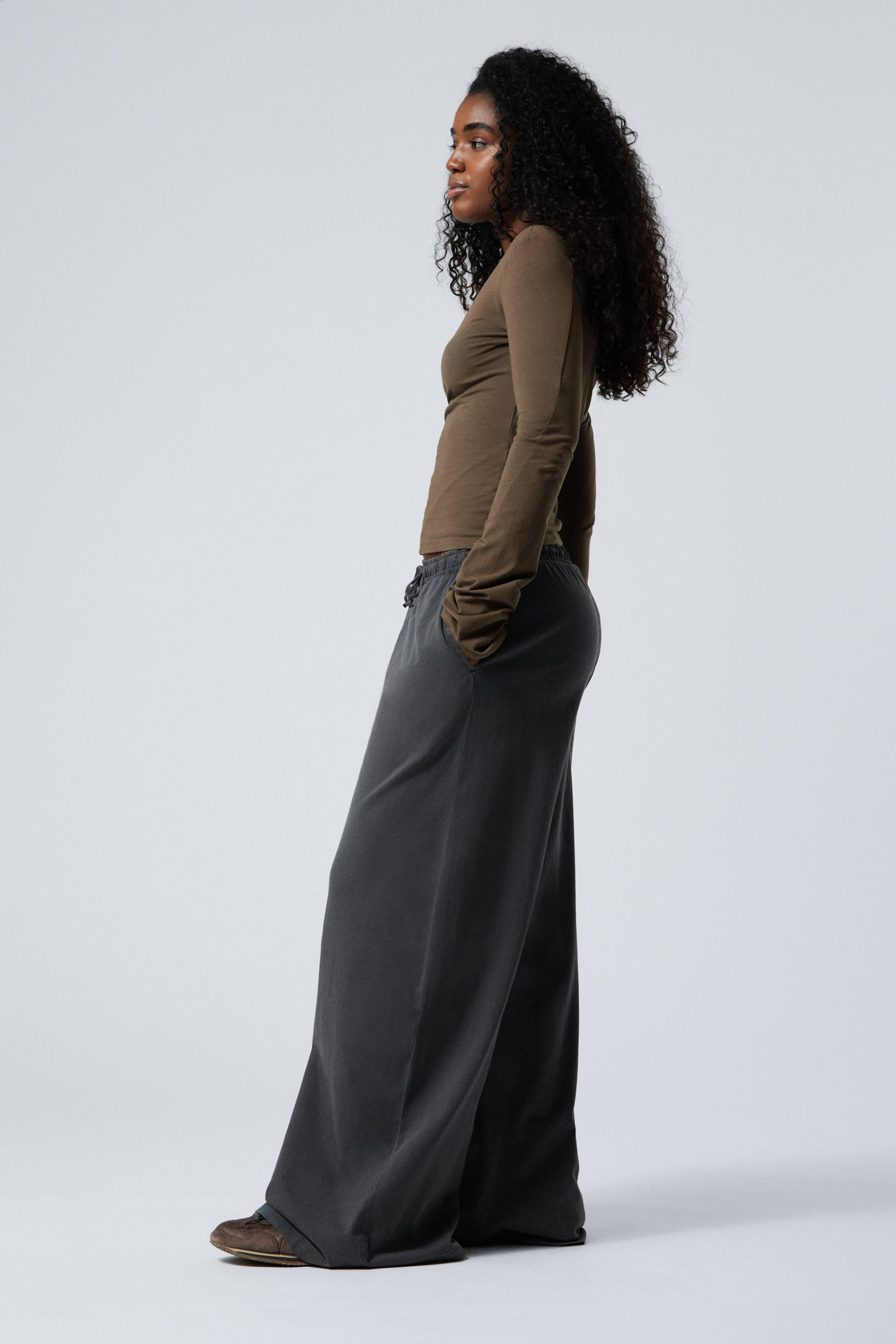 Washed Dark Grey - Loose Fit Wide Leg Jersey Trousers - 2