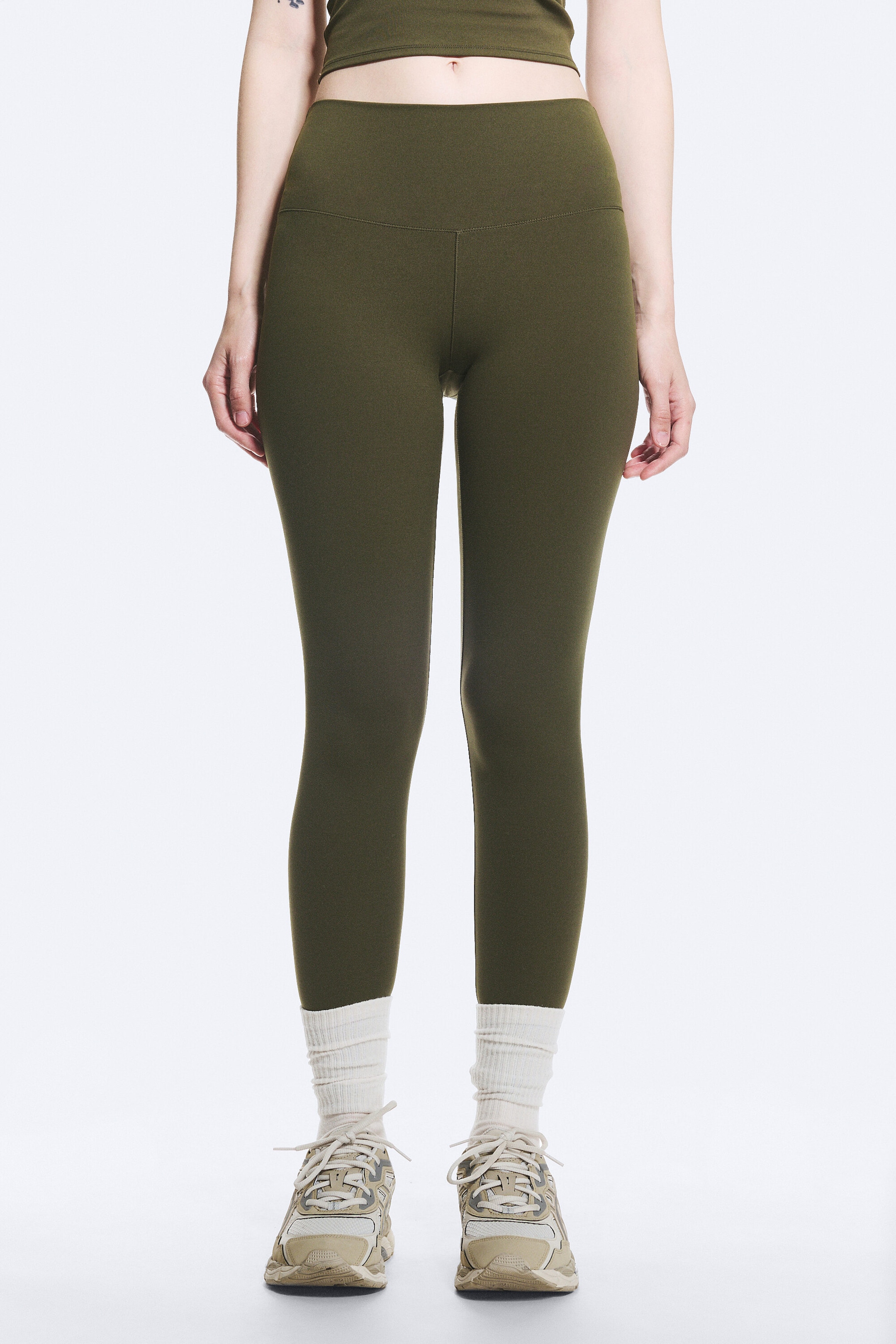 Mörk khakigrön - Högmidjade sporttights - 2