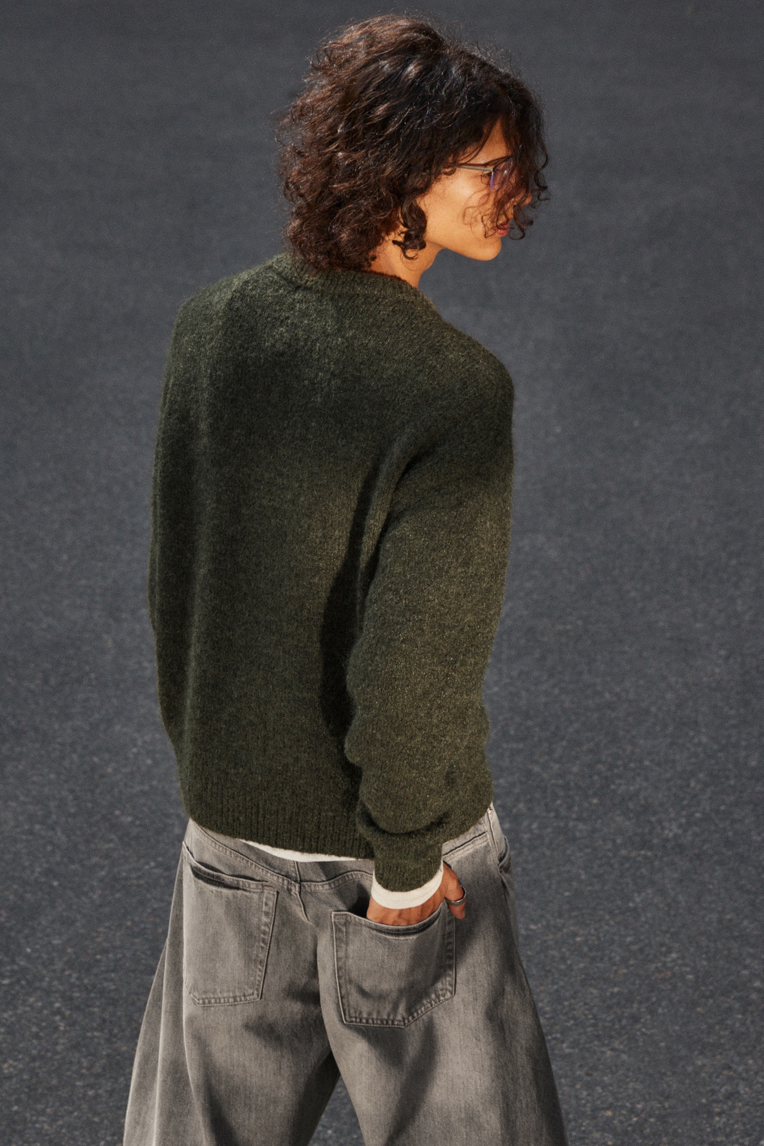 Regular Knitted Wool-Blend Sweater - Dark Green/Dark Grey - 3