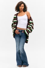 Plum/Green/Beige Stripe - Soft Knit V-Neck Cardigan - 1