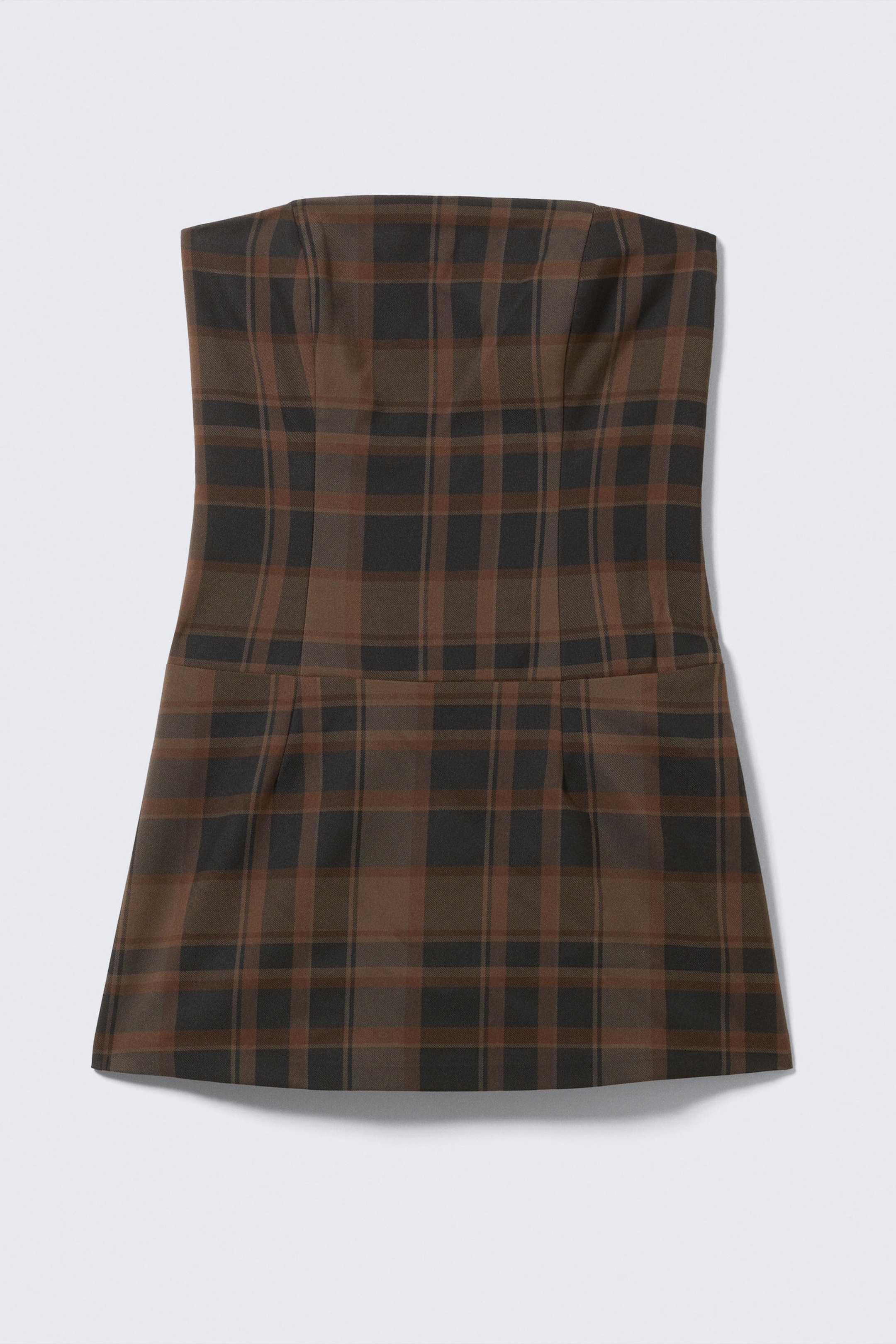 Checked Dark Brown - Mini Tube Suiting Dress - 3