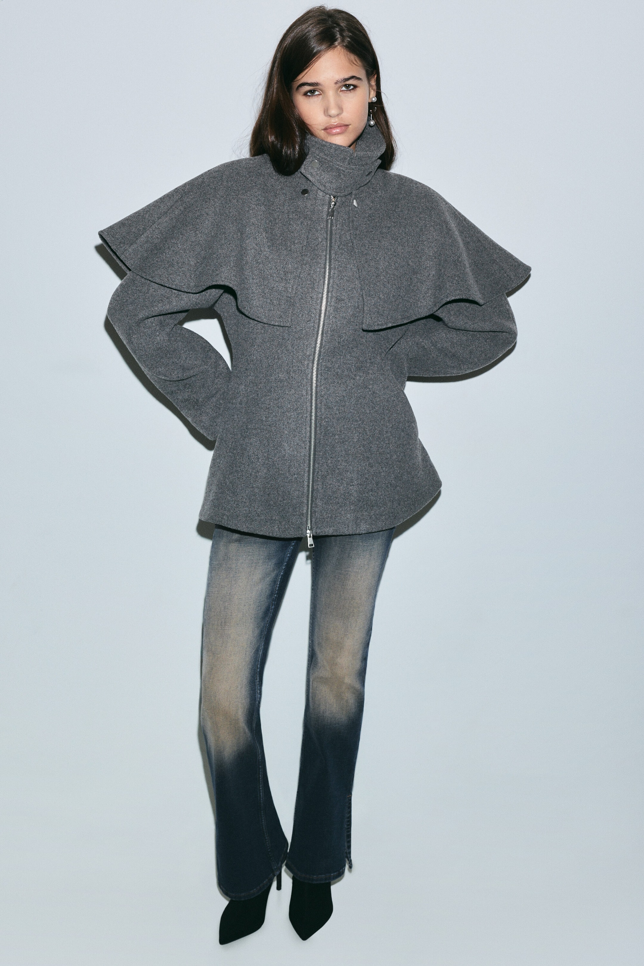 Dark Grey - Wool-Blend Cape-Detail Jacket