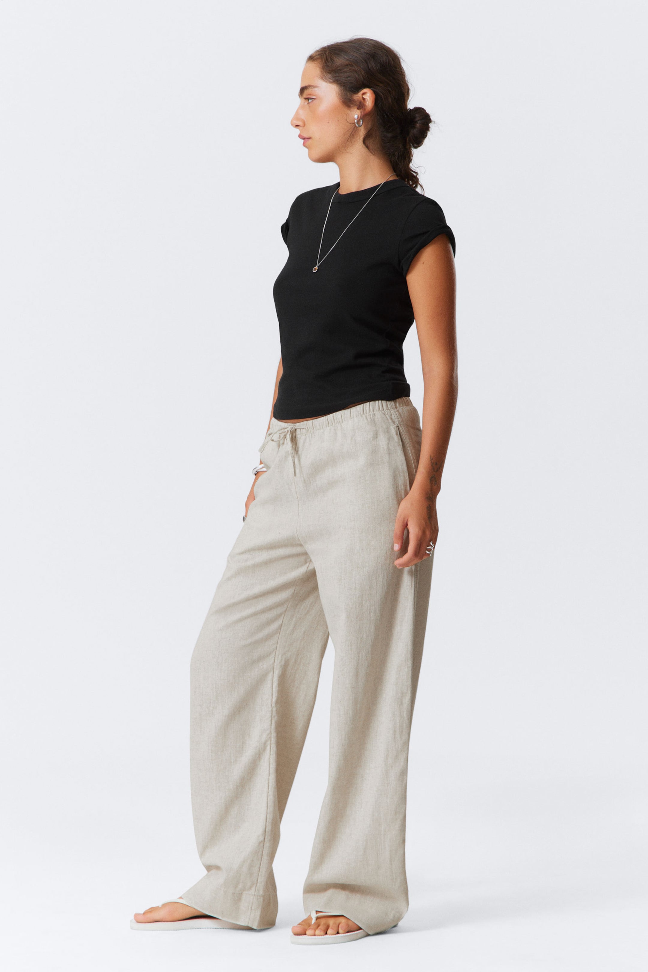 Ecru - Wide Pull-on Linen Blend Trousers - 3