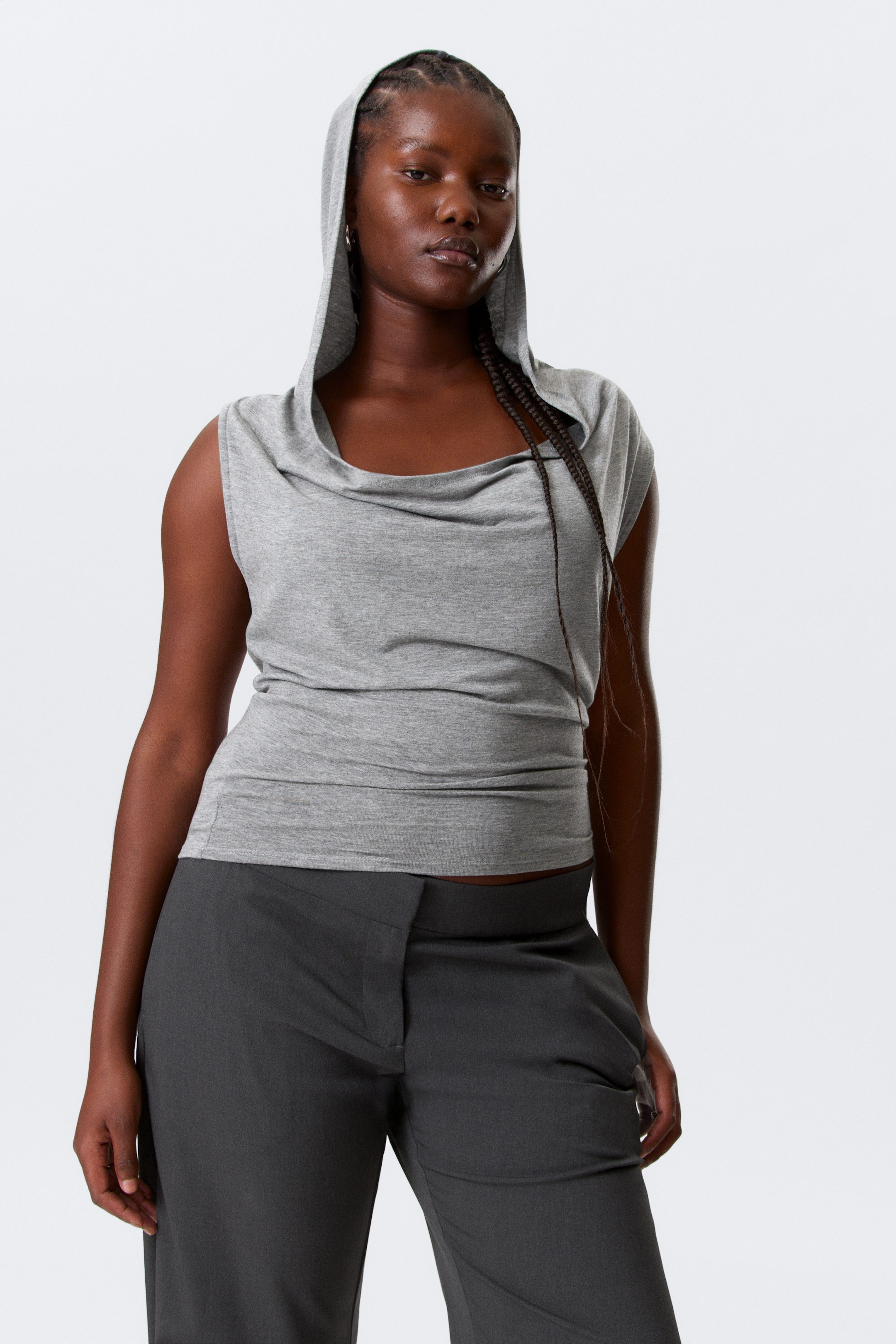 Grey Melange - Draped Hooded Sleeveless Lyocell Top - 1