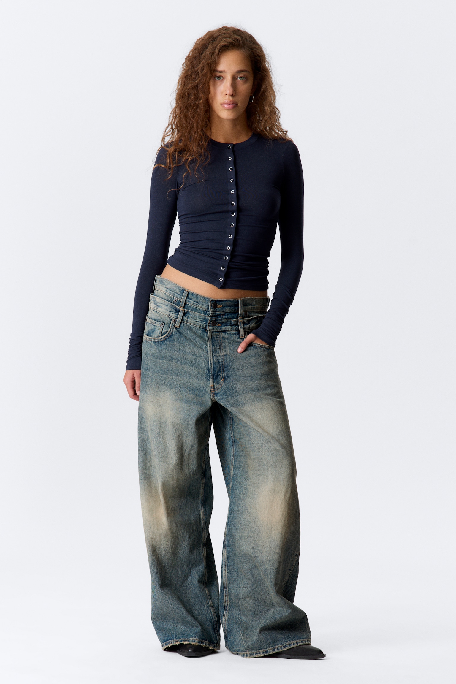 Dual Waistband Wide Leg Jeans - Arizona Blue - Medium Blue