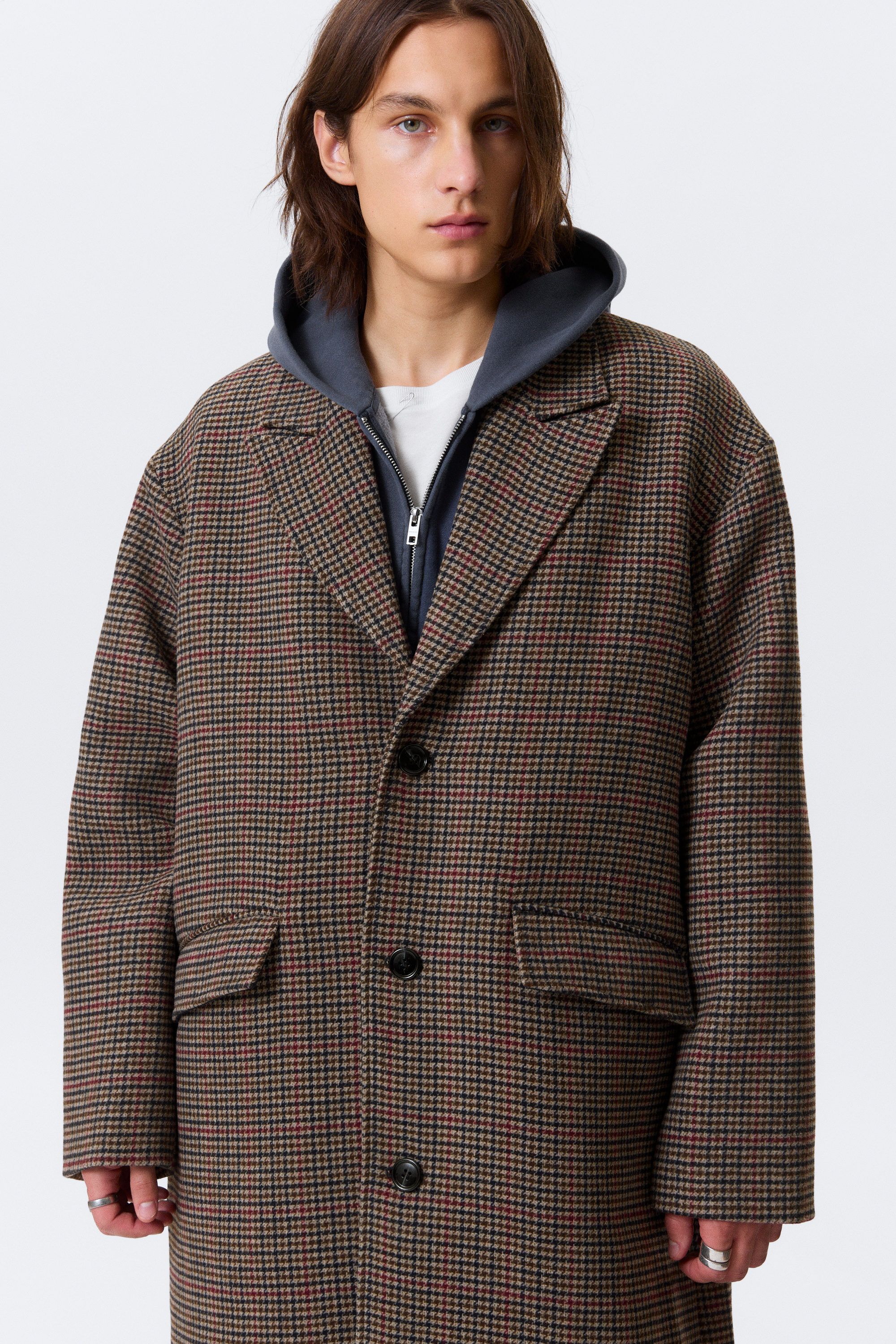 Beige Multi-rutig - Oversized Dubbelknäppt Kappa i Ullblandning - 2