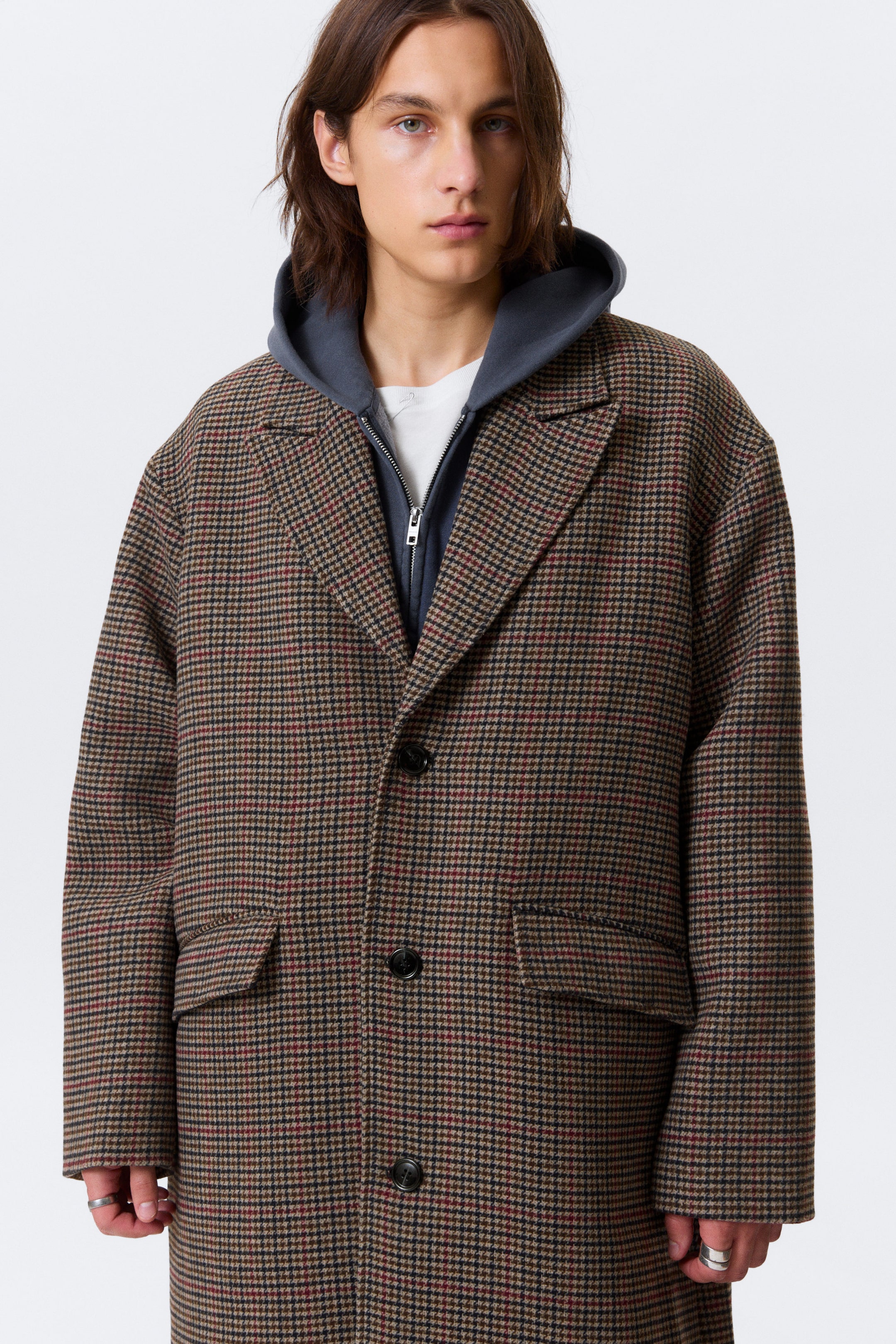 Beige Multi Check - Oversized Single-Breasted Wool Blend Coat - 2