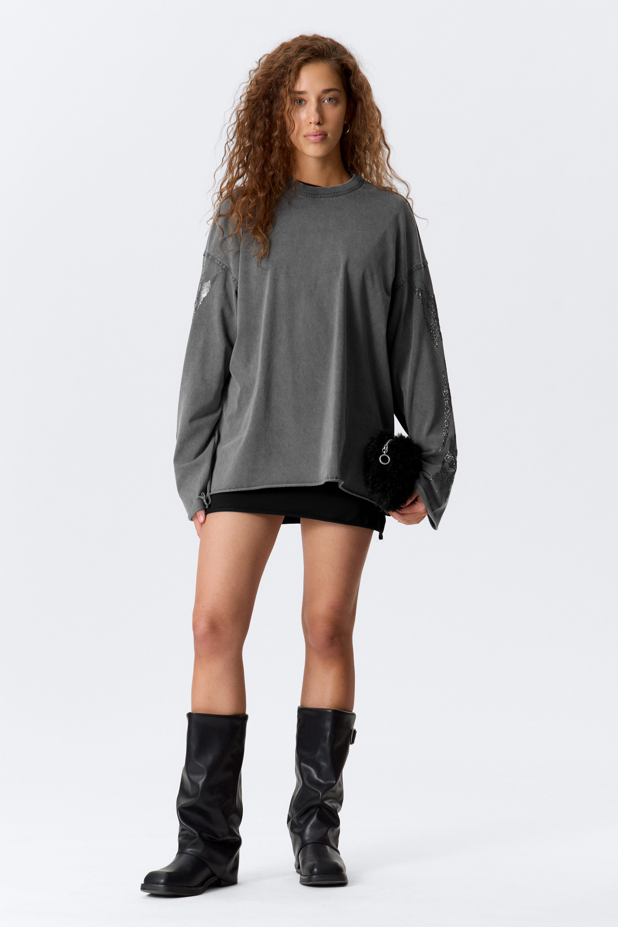 Dark Grey - Oversized Long-Sleeved Rhinestone T-shirt - 2