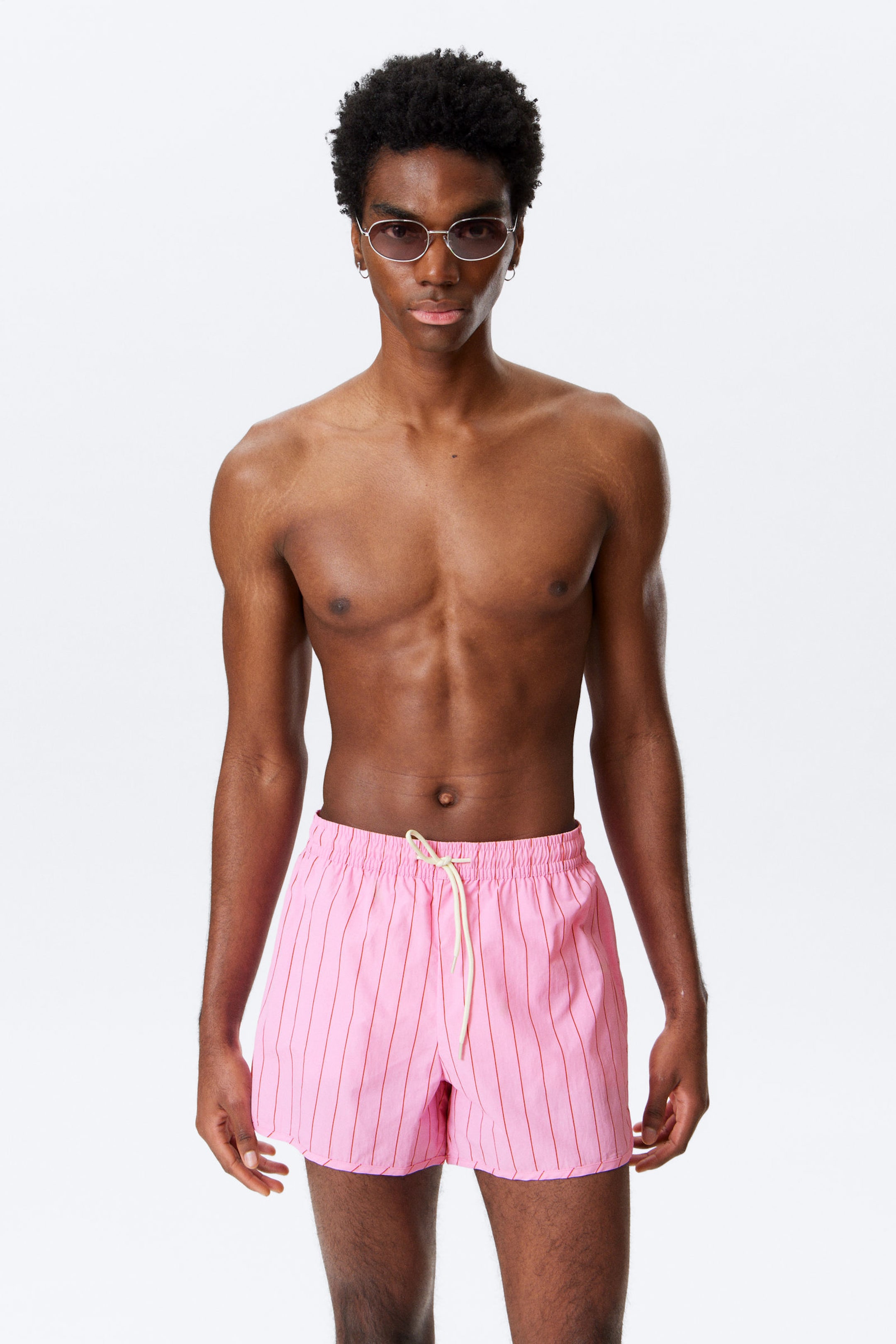 Striped Light Pink - Striped Structured Mid-Thigh Swim Shorts - 1