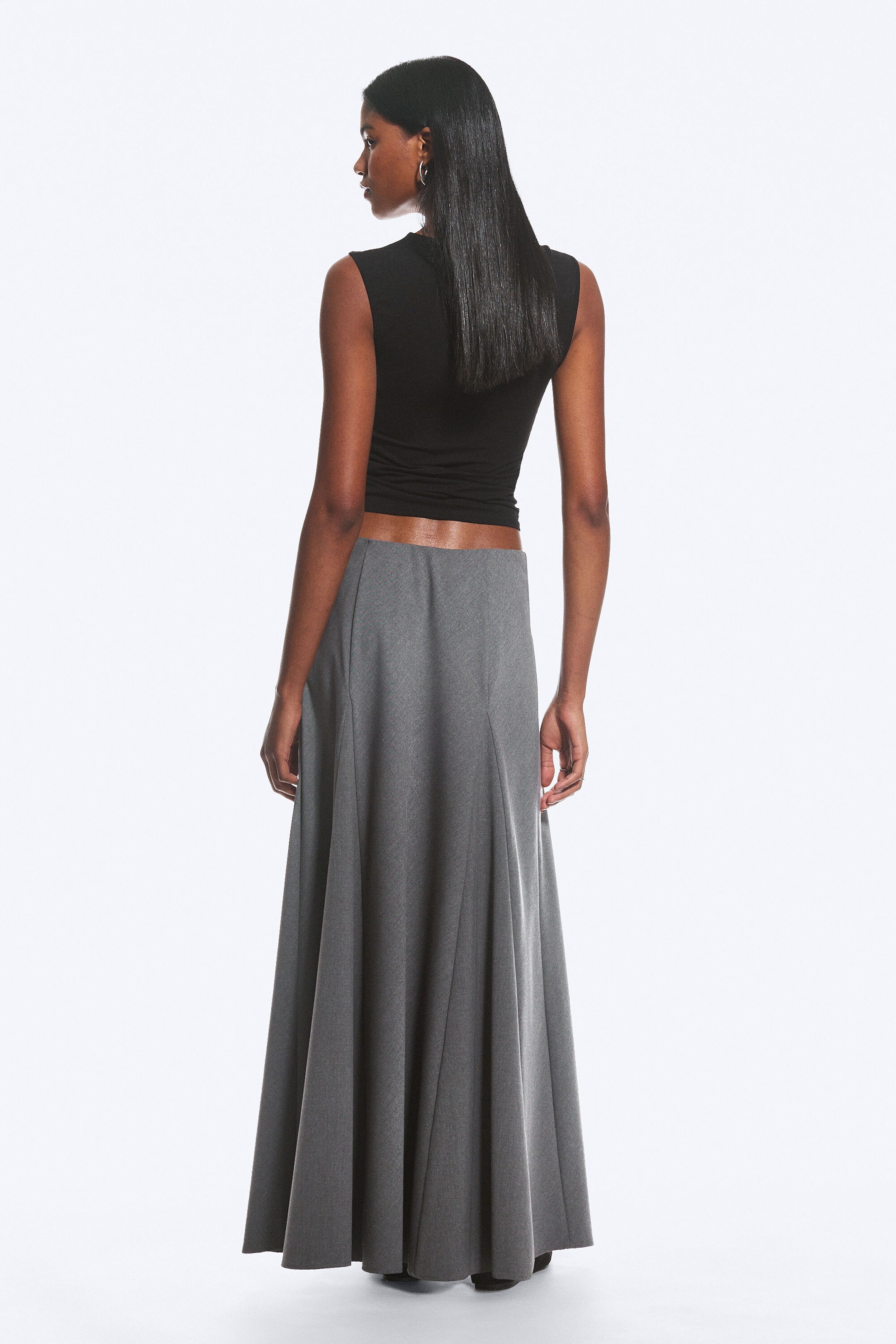 Dark Grey Melange - Mid Rise Panelled Maxi Skirt - 3