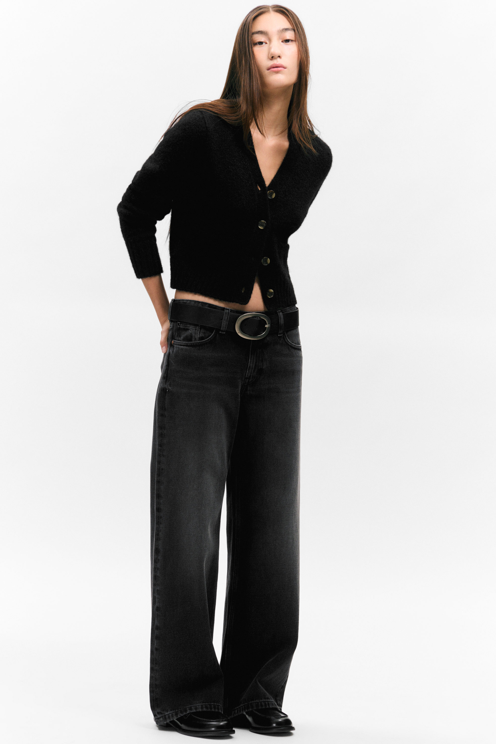 Black - Ribbed V-Neck Cardigan - 1