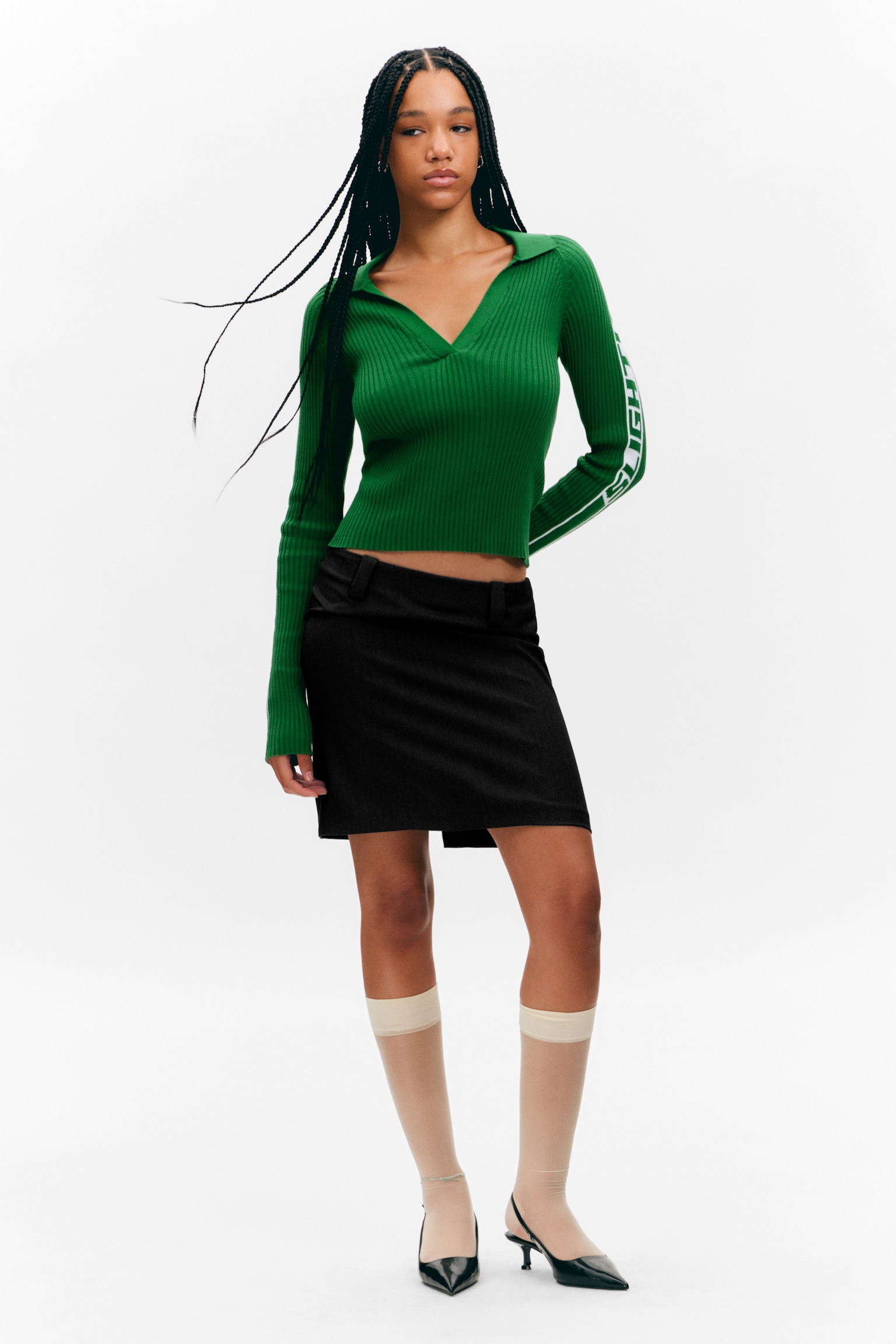 Top de punto acanalado con cuello en V y mangas largas - Verde/Blanco - 4