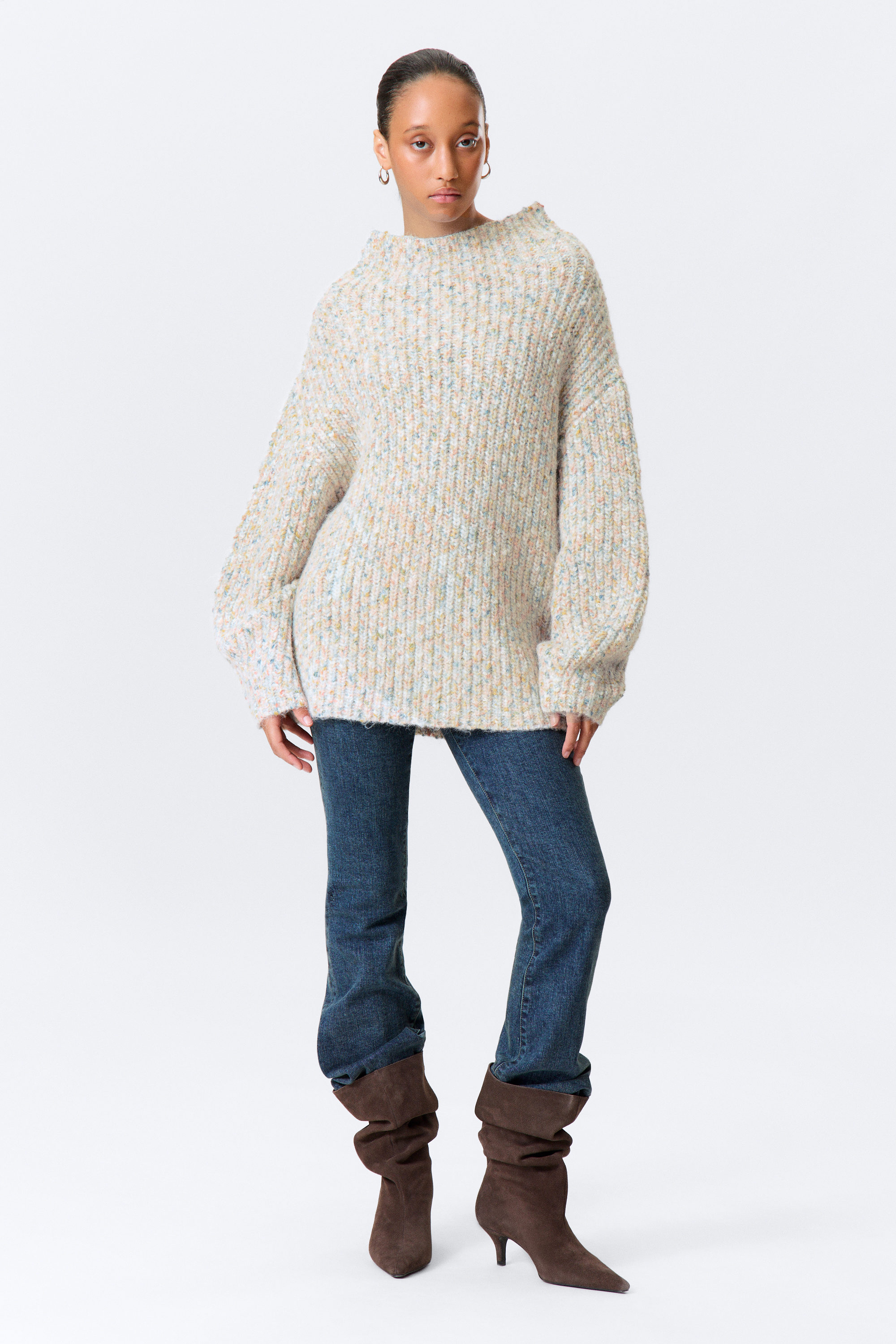 White - Multicoloured - Oversized Knitted Turtleneck Sweater - 1