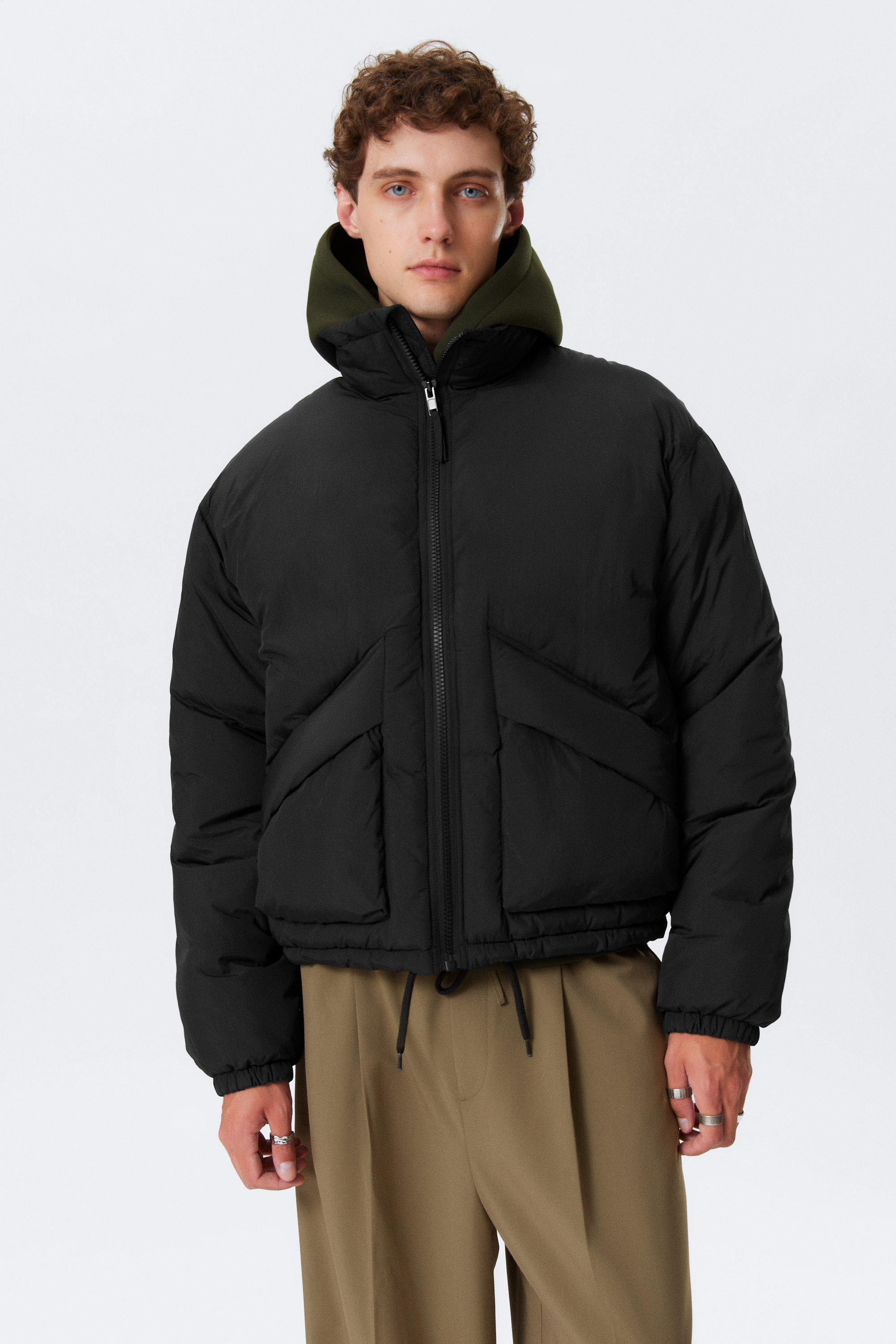 Black - Padded Drawstring Nylon Jacket - 1