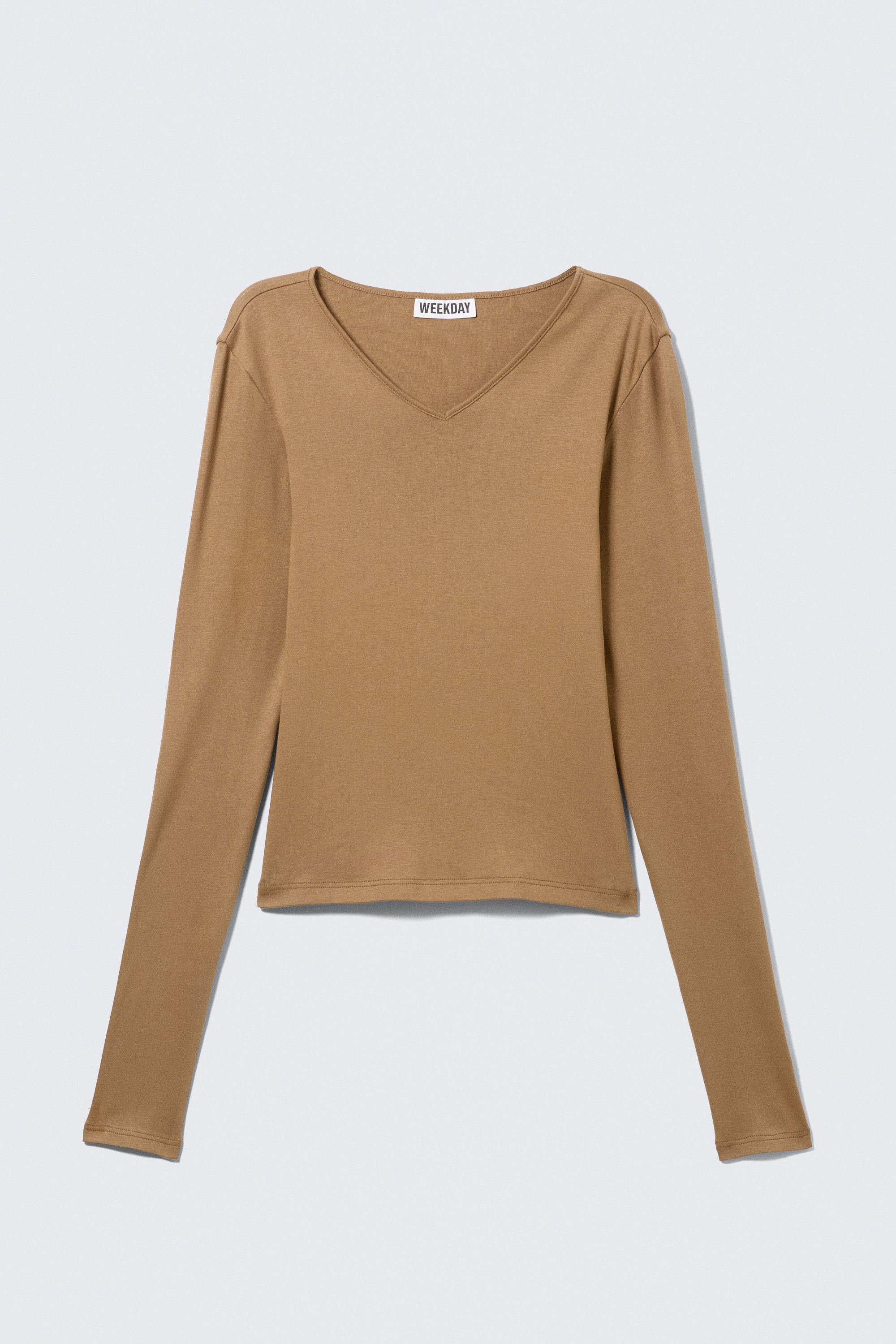 Dark Beige - Slim V-Neck Long-Sleeved Top - 3