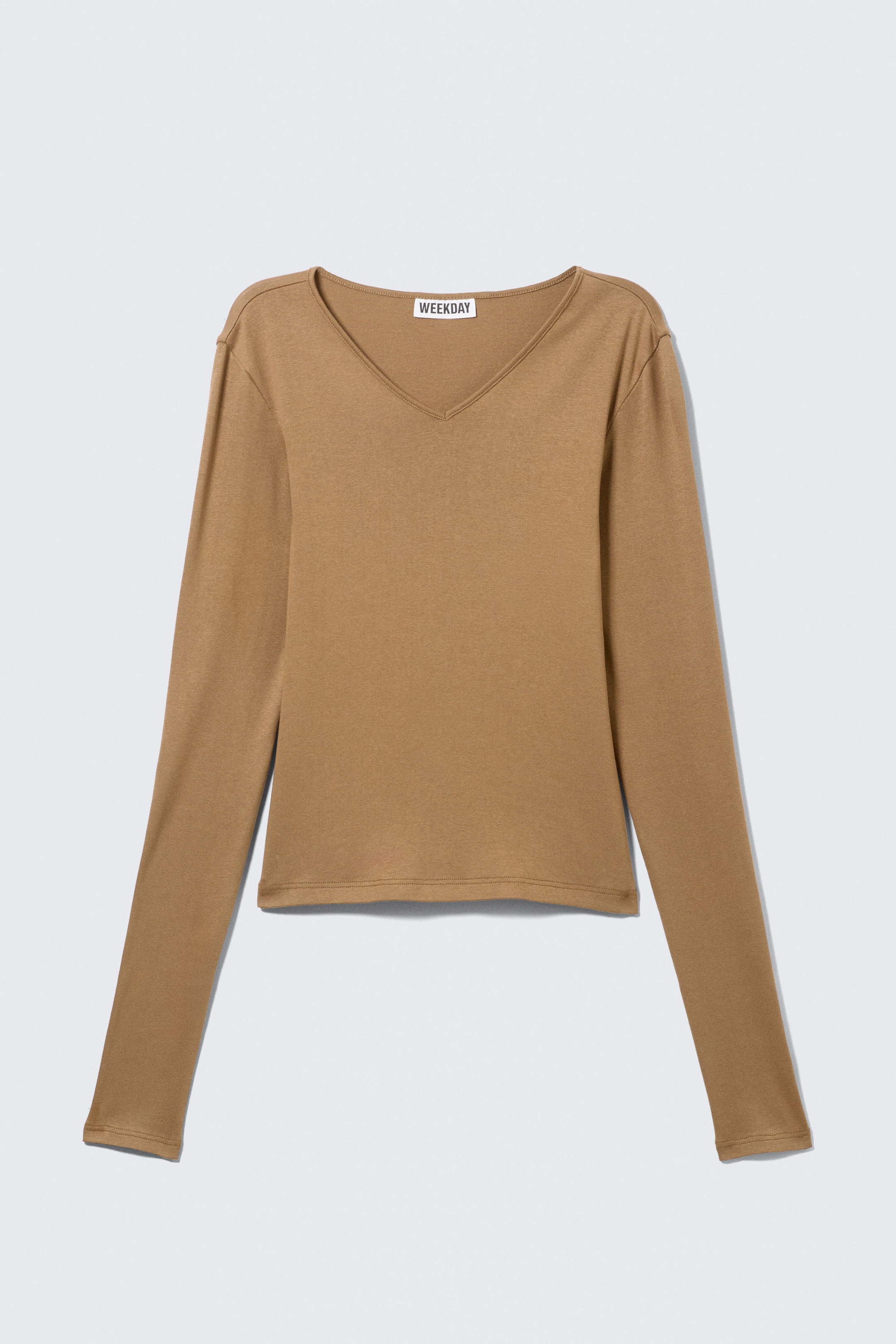 Mörkbeige - Smal långärmad topp med V-ringning - 3