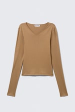 Mörkbeige - Smal långärmad topp med V-ringning - 3