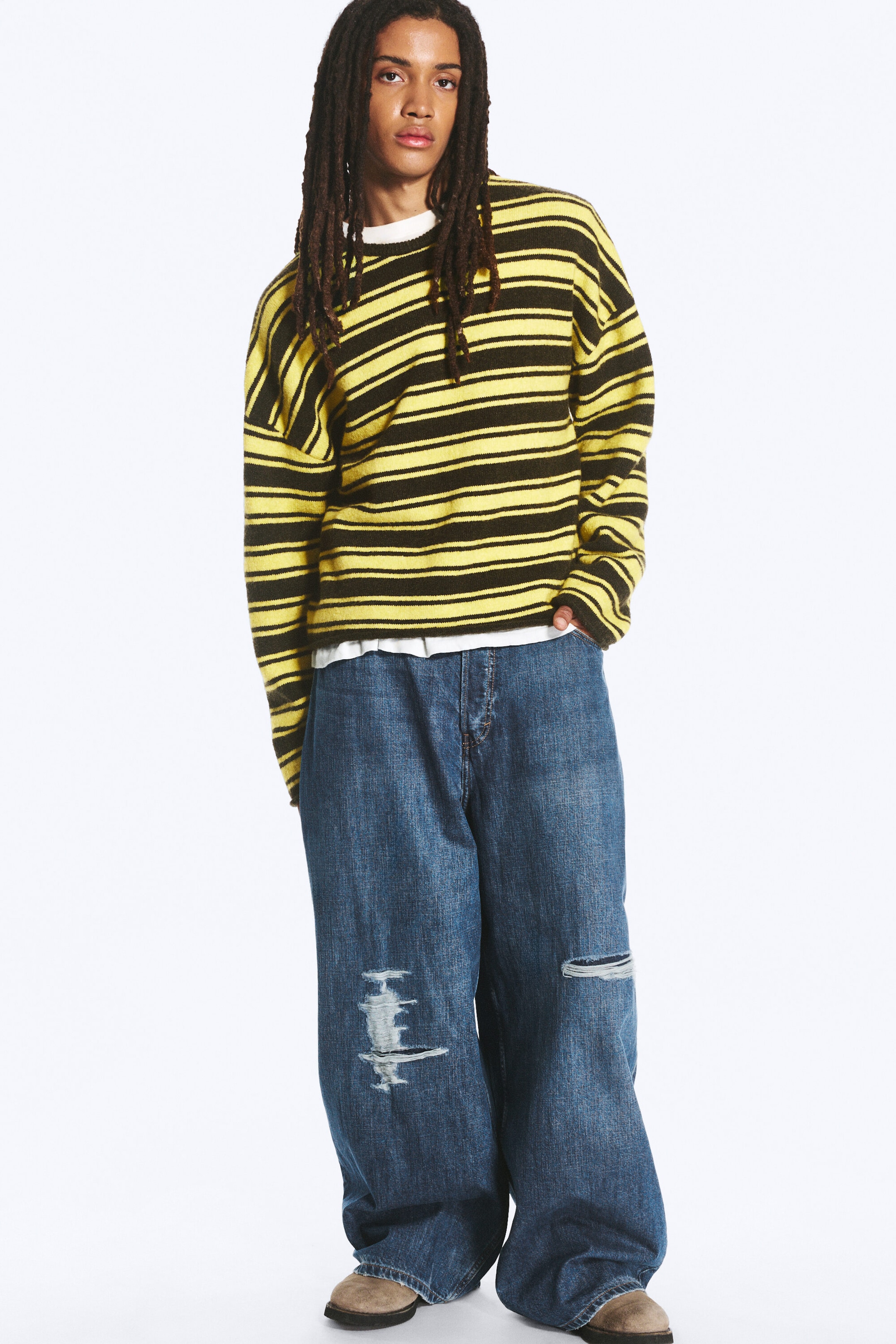 Striped Lime and Khaki Green - Boxy Strickpullover - 1