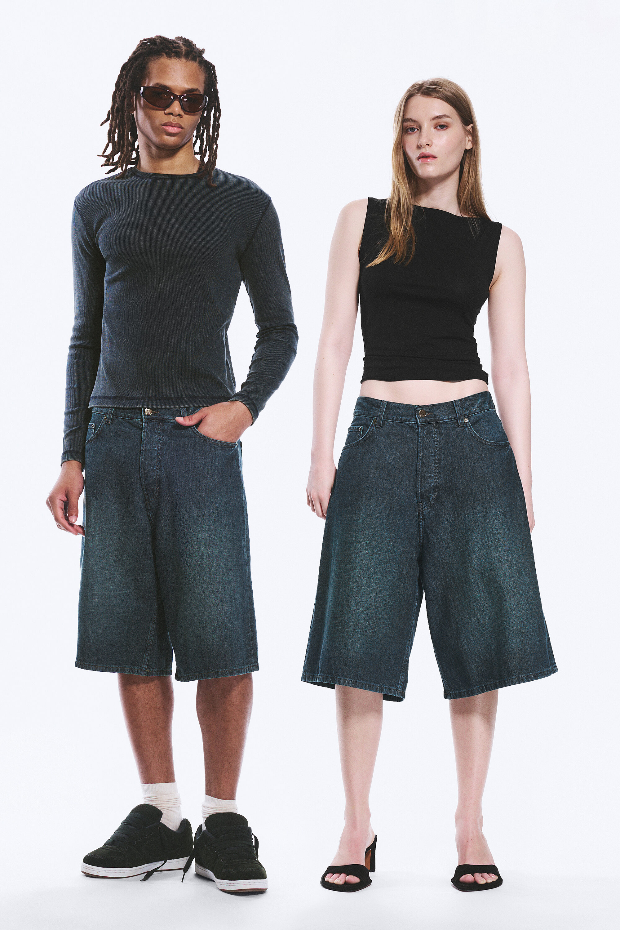 astro mid rise loose baggy denim shorts - Lake Blue - Medium Blue