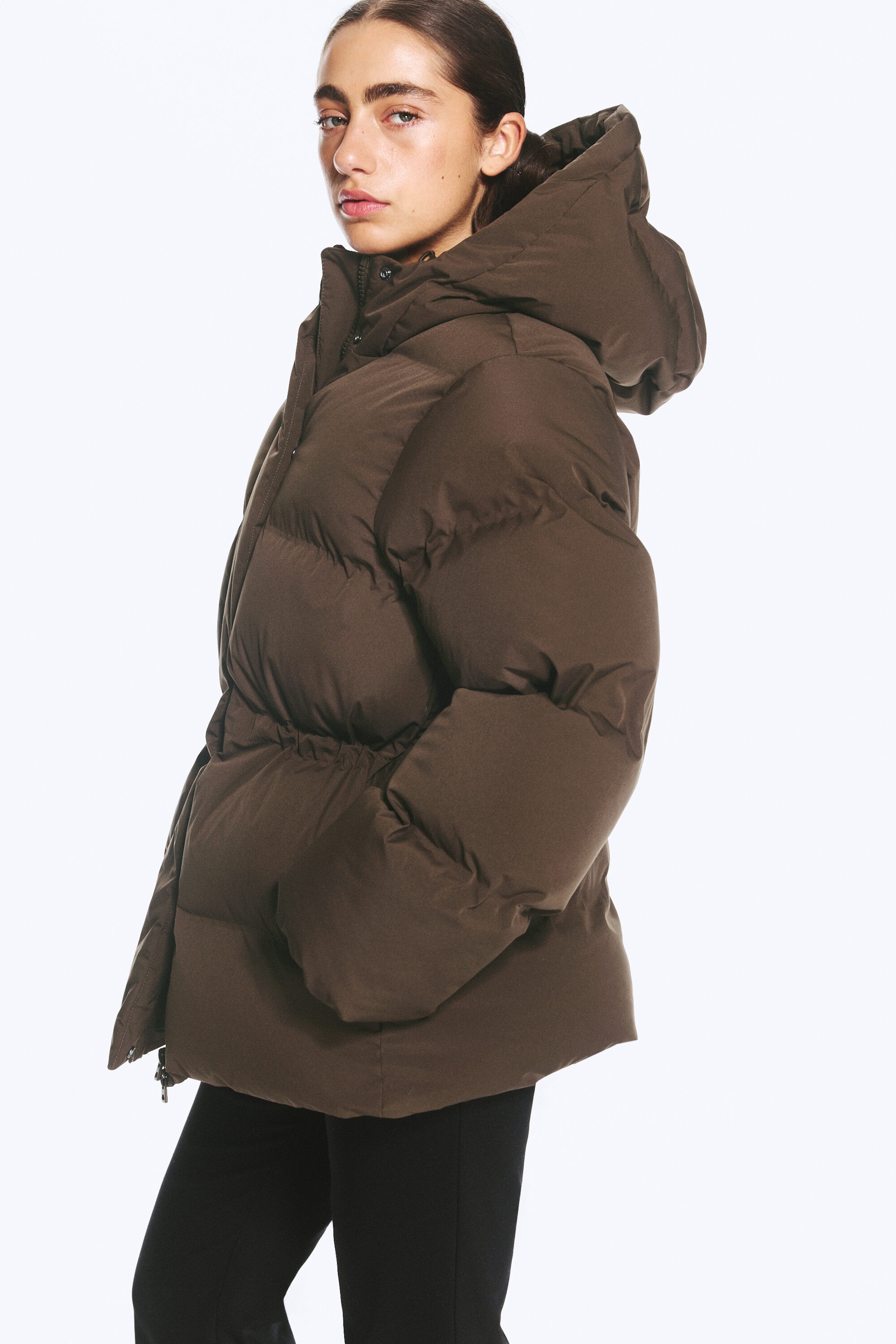 Dark Brown - Waisted puffer jacket - 3