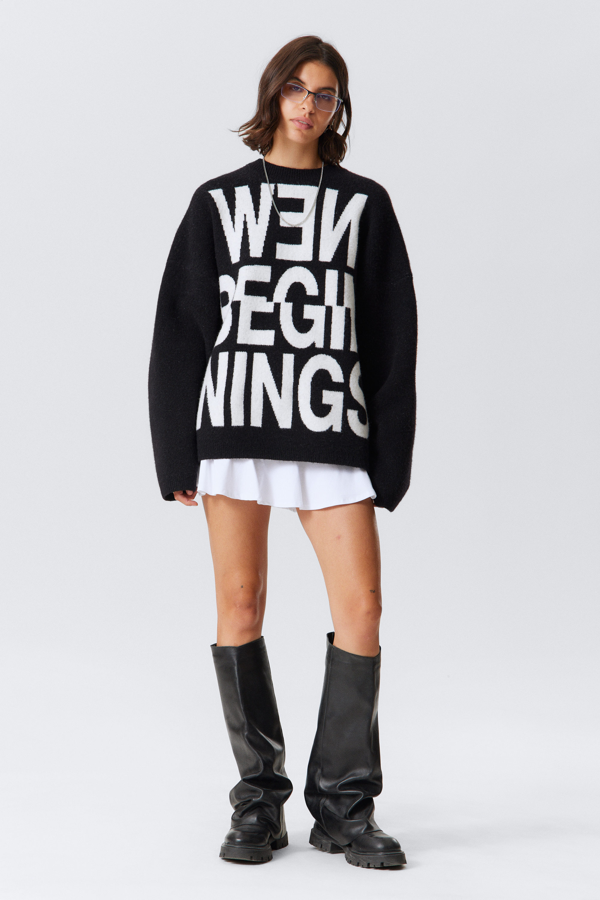 Black - New Beginnings - Oversized Jacquard Knitted Sweater - 2