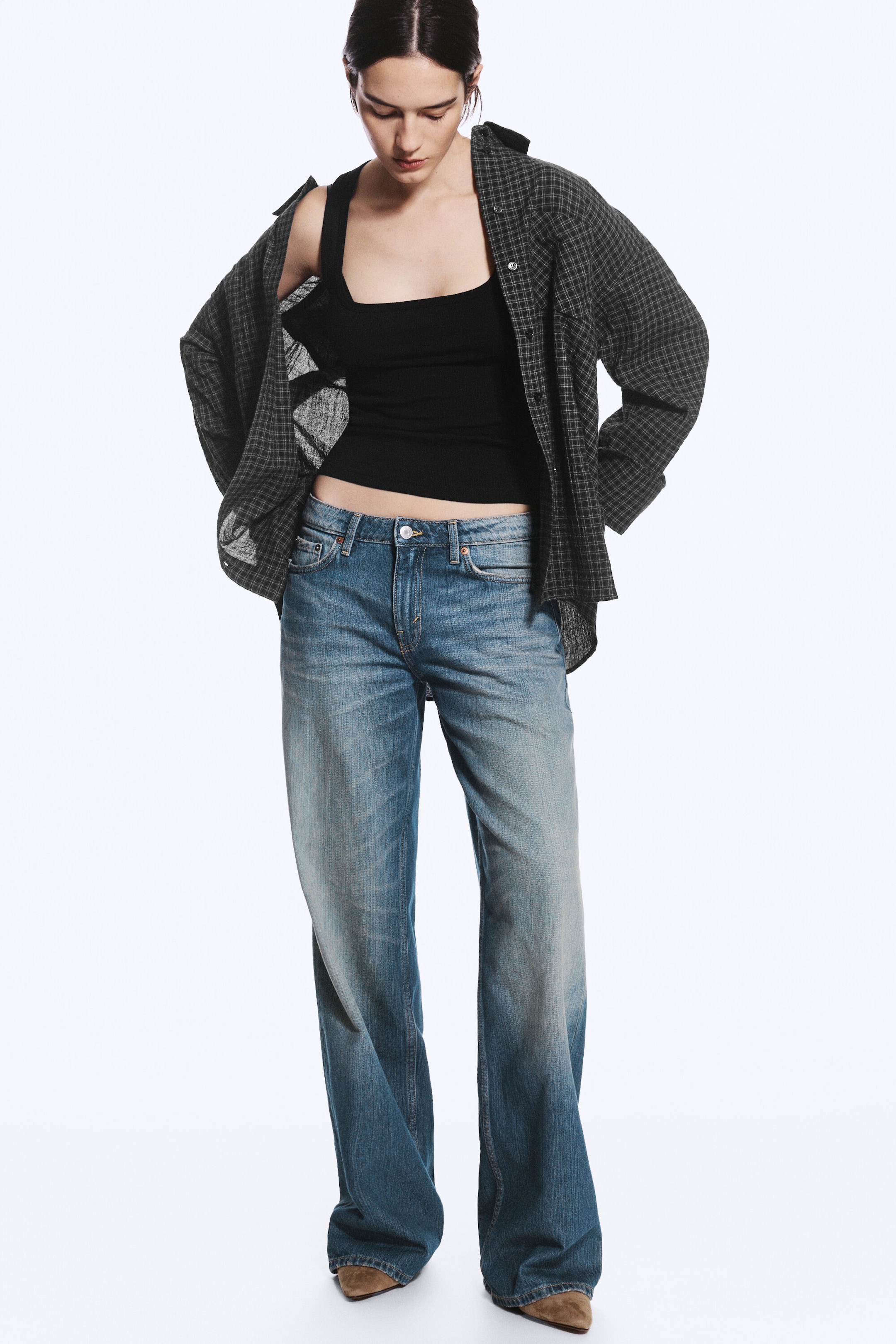 Saddle Blue - Mellanblå - Ample Low Waist Loose Wide Jeans