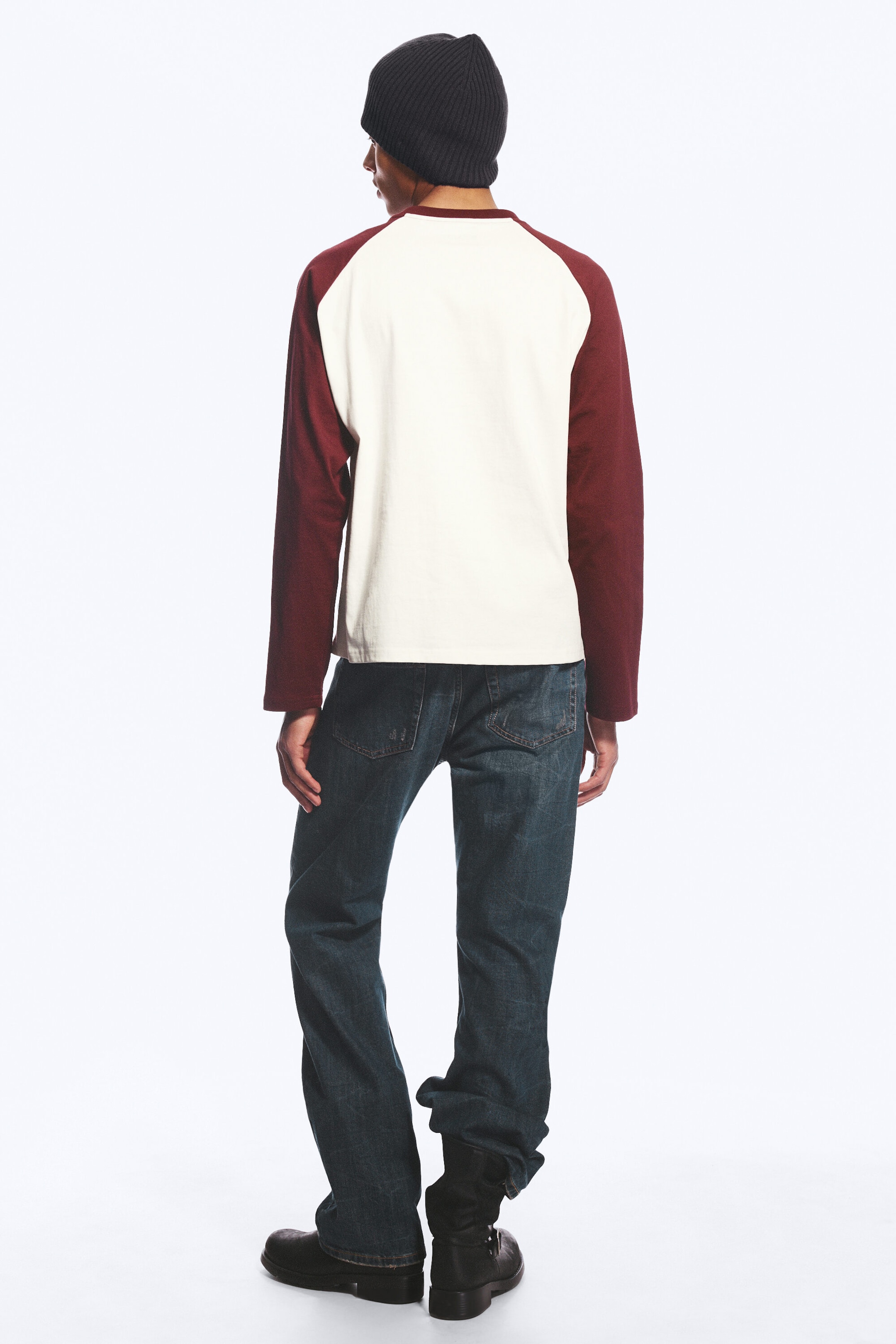 White & Burgundy - Loose Boxy Raglan-Sleeved T-shirt - 4